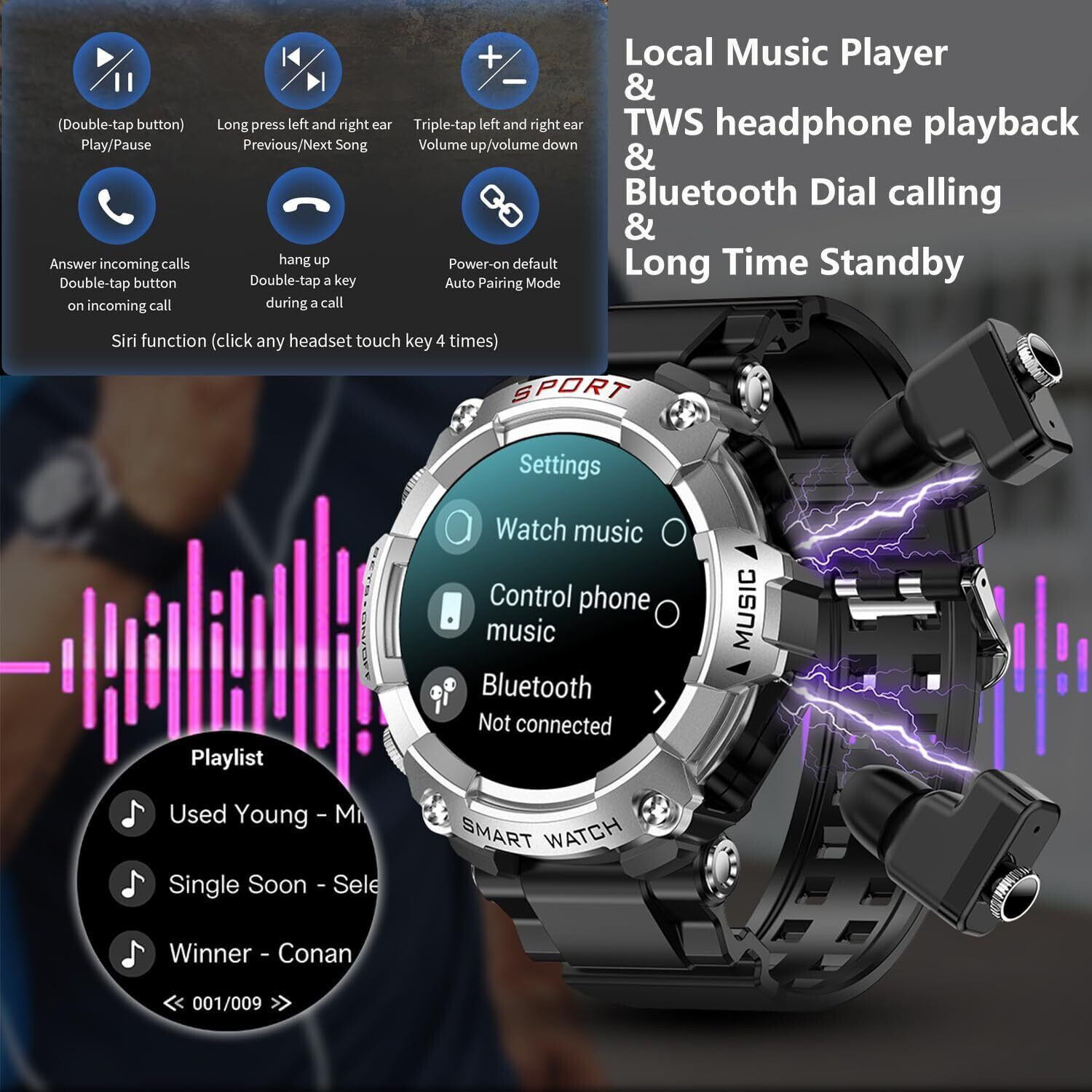 SMART WATCH with Earbuds for Men Women 1.52″ HD Touch Screen UltraLight Weather