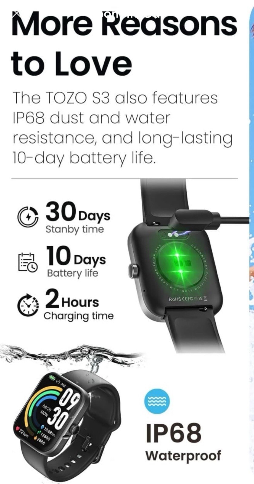 TOZO S3 40mm Black Case with Black Rubber Strap (Bluetooth)
