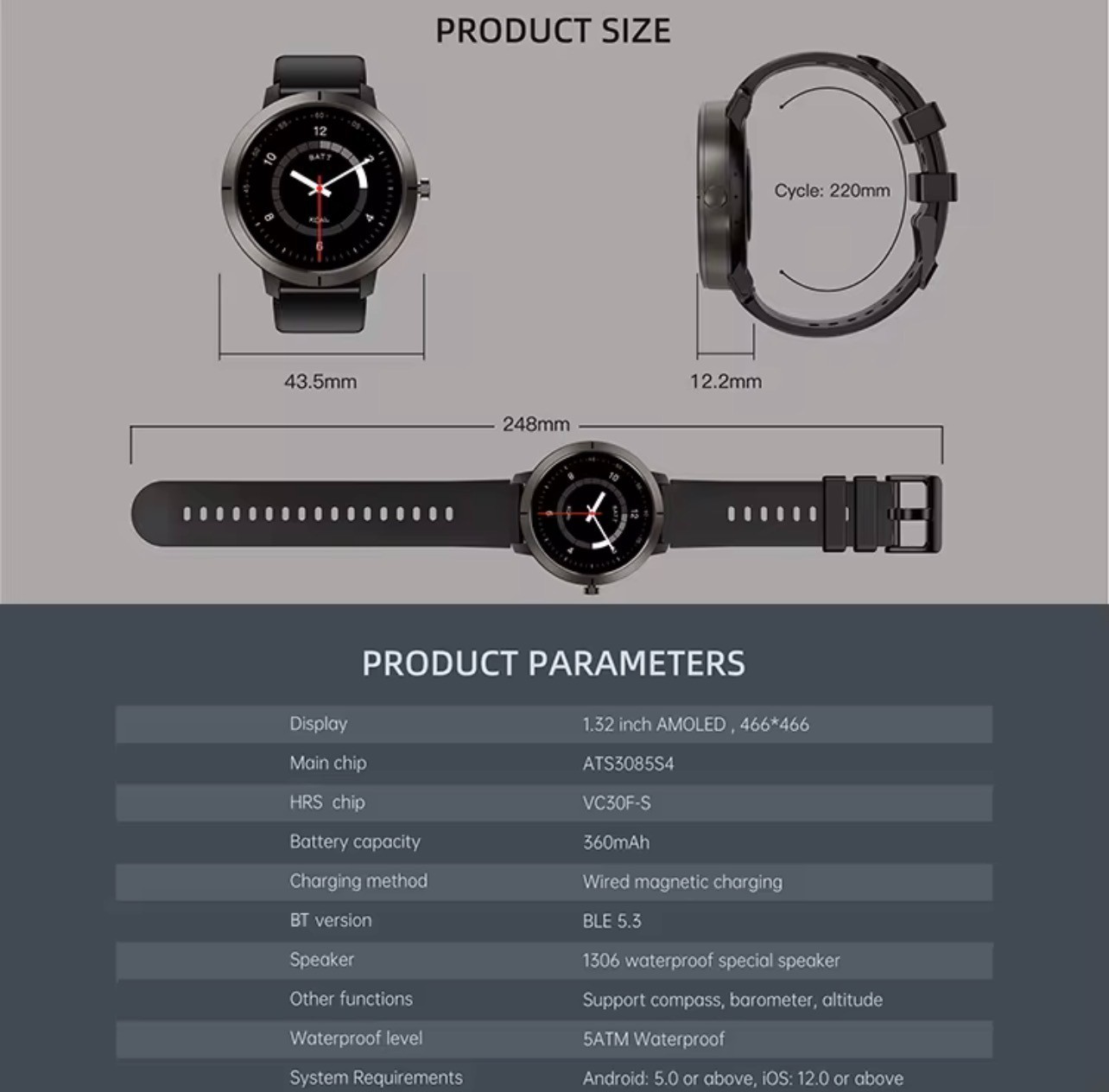 Smartwatch Men & Women Outdoor Sport GPS BT Call AMOLED 50M Waterproof, Compass