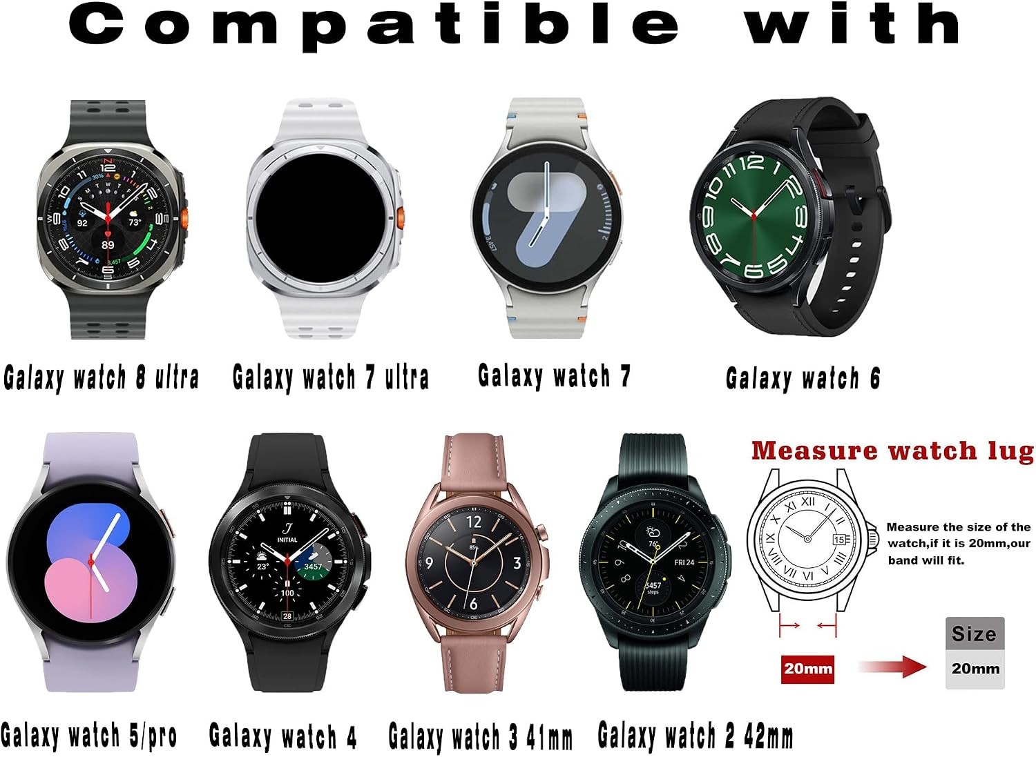 Black Leather Watch Band 20mm for Samsung Galaxy Watch Ultra/7 41mm and More