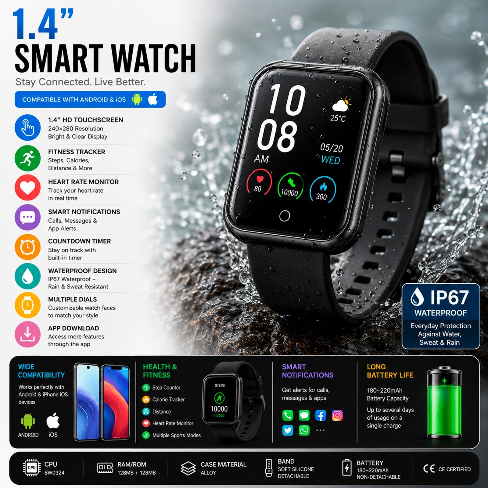 Smart Watch Men/Women Waterproof Smartwatch Bluetooth iPhone Samsung