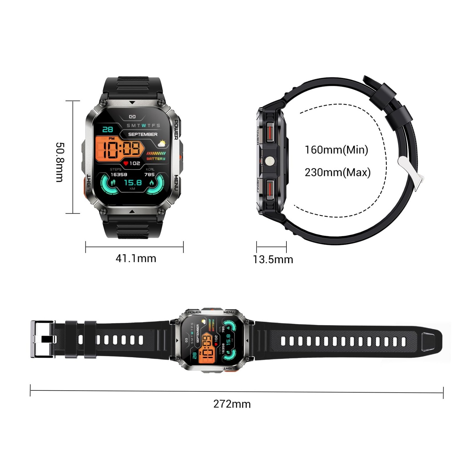 Rugged Military Tactical Smart Watch for Men, 100-Day Battery, Compass, Flashlig
