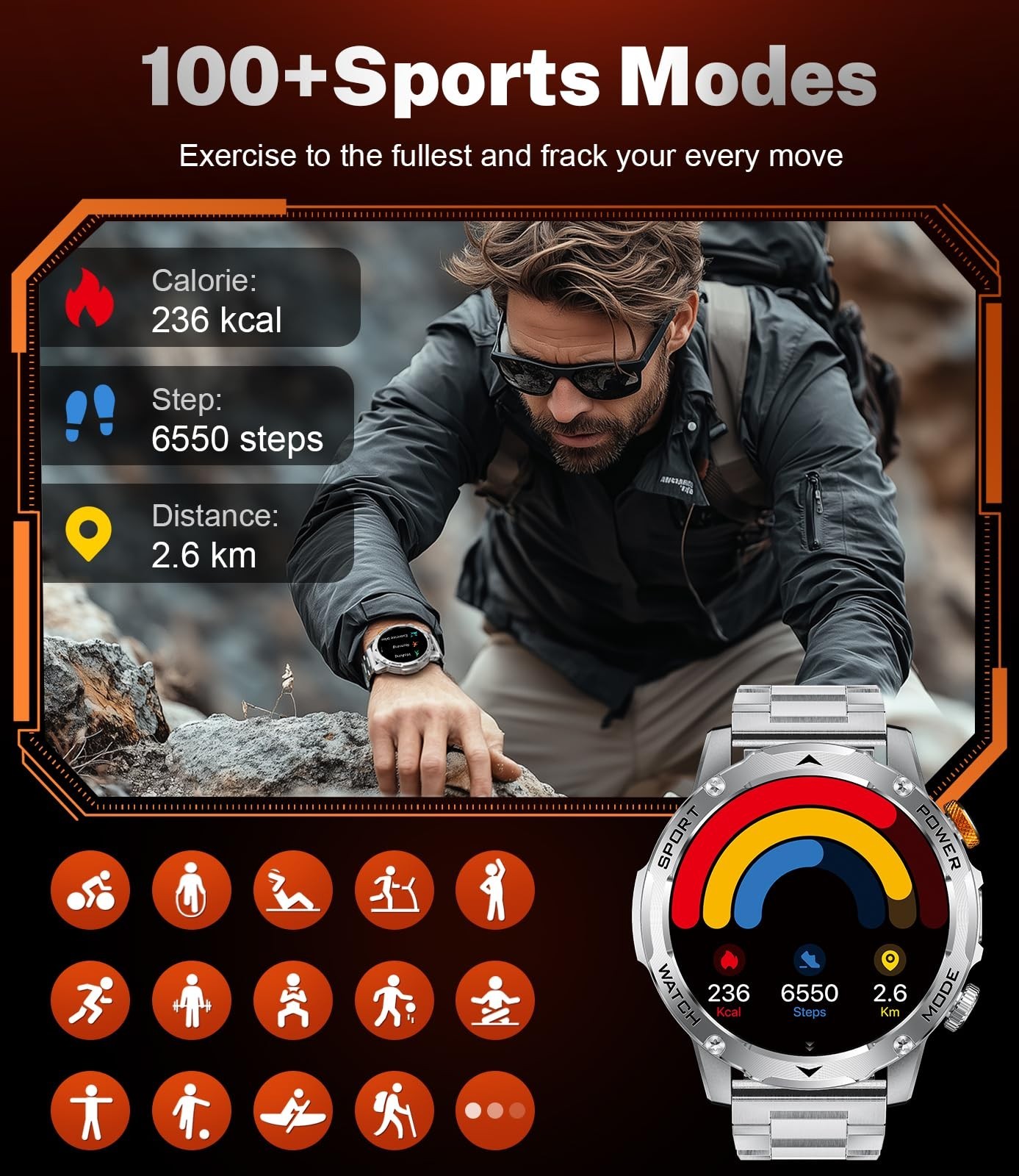 Military Smartwatch for Men, 1.75” Display, 1000mAh Battery, 5ATM Waterproof, F