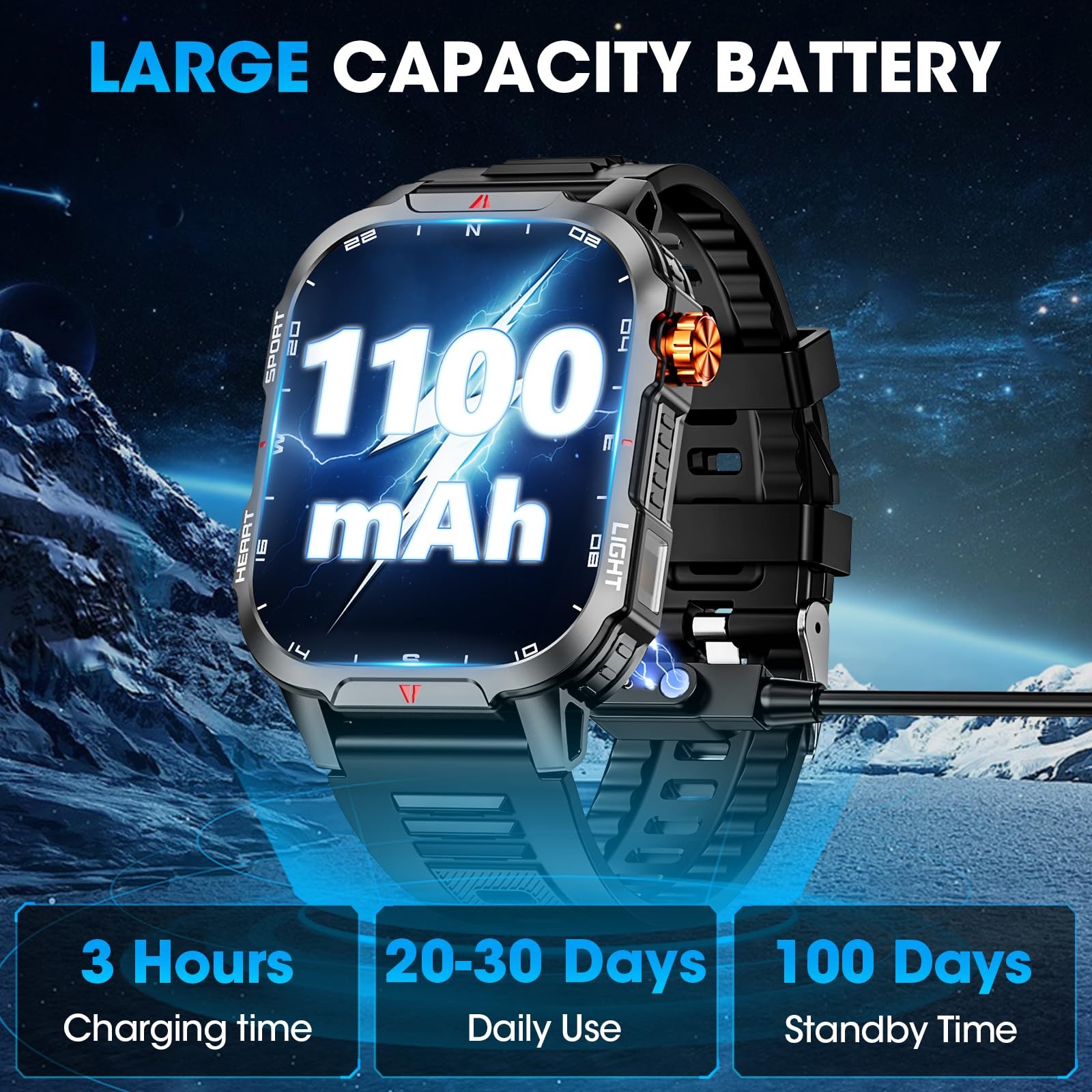 Military Smart Watches for Men-30 Days Battery/Flashlight/Compass,2.01 inch HD D