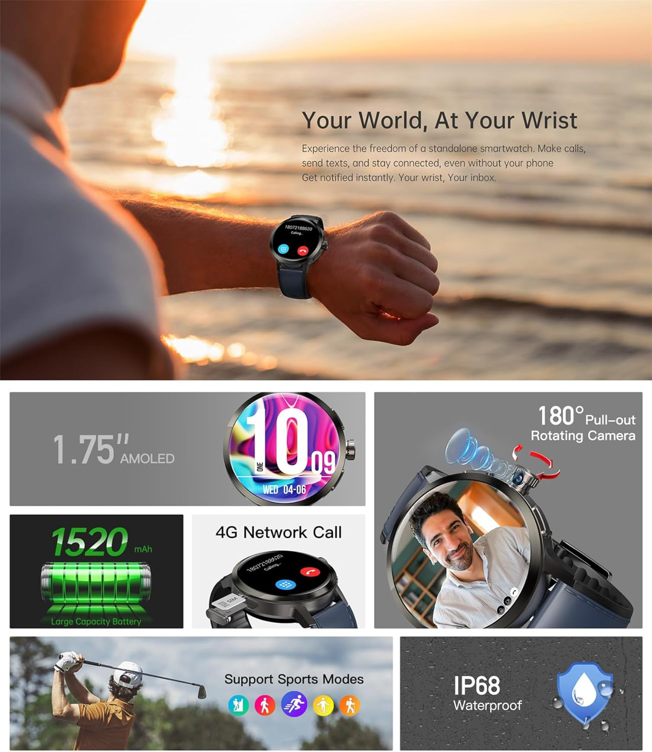 4G Smart Watch SL8541E Quad Core 2GB+16GB Rotating Camera Men Watch 1.75″ AMOLED