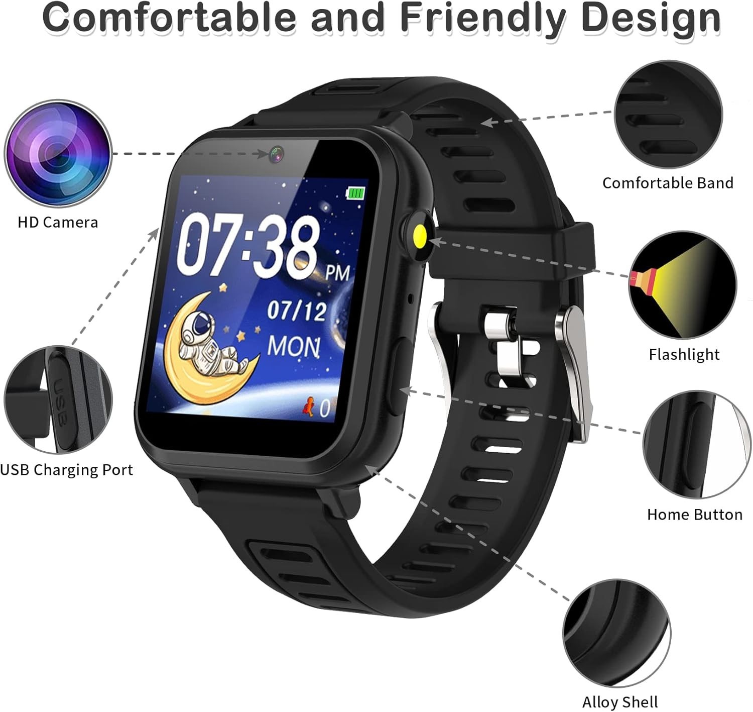 Black Kids Smart Watch with Music Recorder, Games & Fitness Tracker – Gift Idea