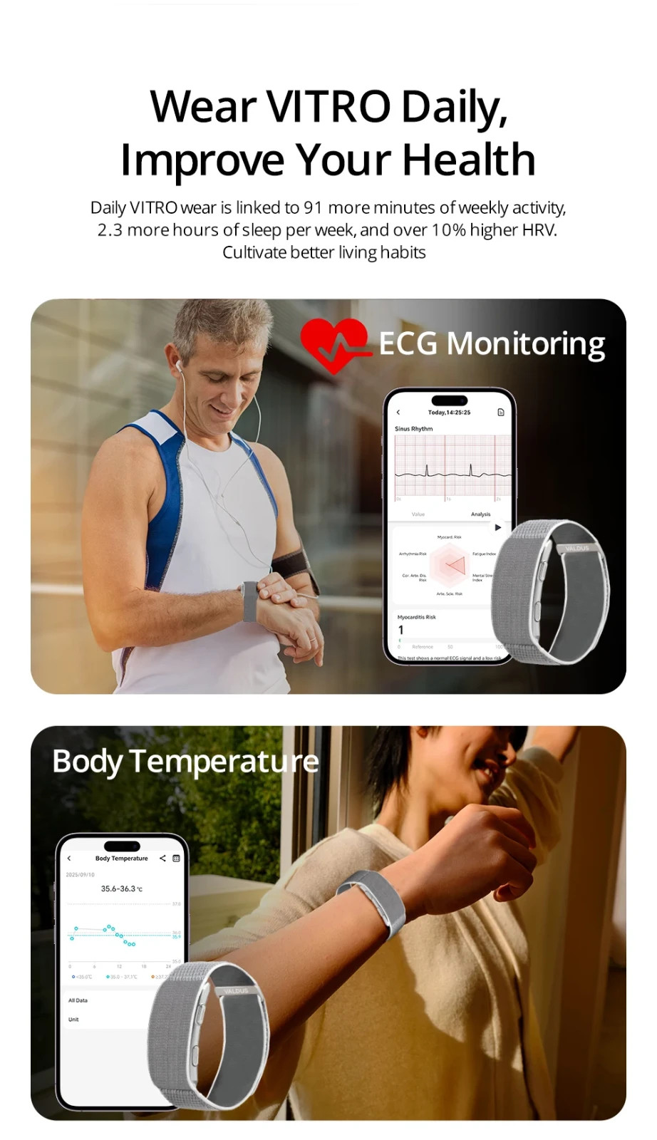 VALDUS VITRO Smart Bracelet Heart Rate No Screen Fitness Tracker Waterproof
