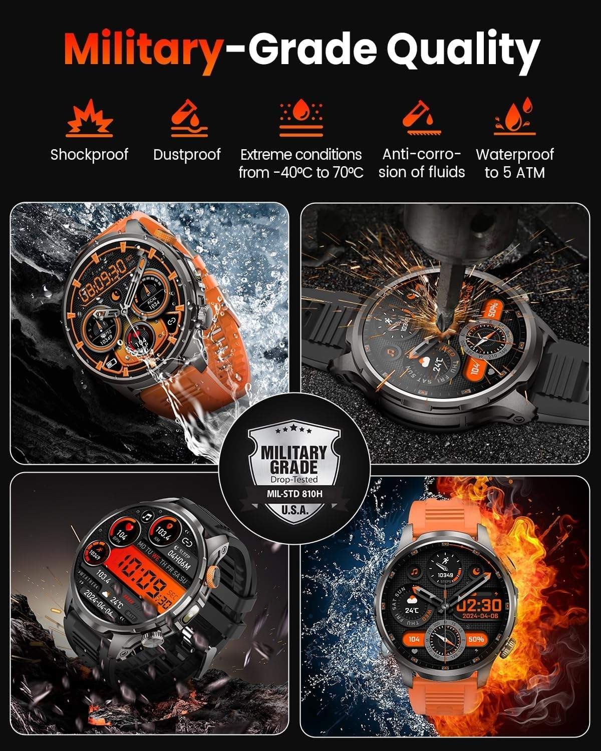 Smart Watches for Men(100 Days Battery/Flashlight), 5 ATM Waterproof Military Sm