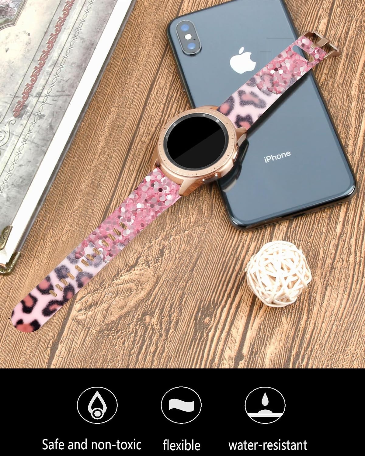 20mm Silicone Sport Band in Pink Glitter Leopard for Galaxy Watch 6/5 40mm 44mm