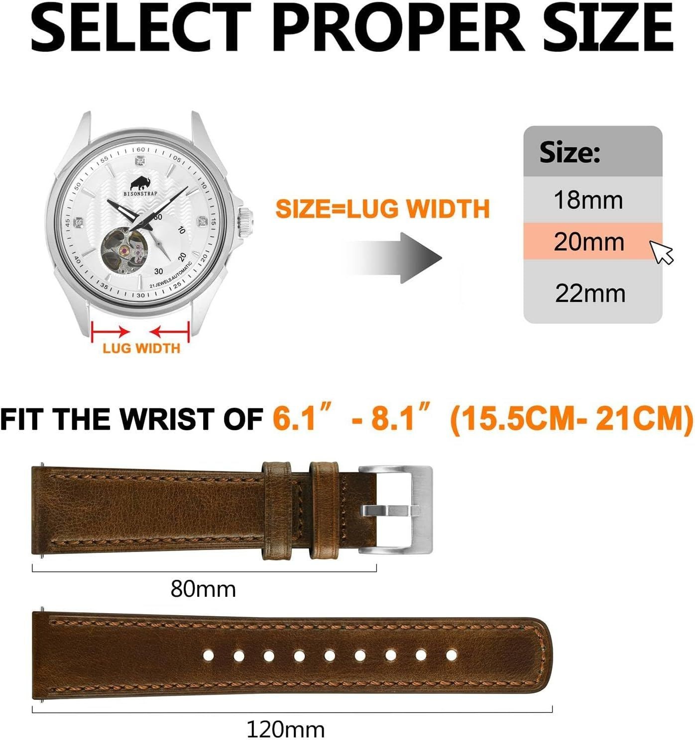 Quick Release Leather Strap for 18mm 20mm 22mm Watches, Dark Brown with Silver B