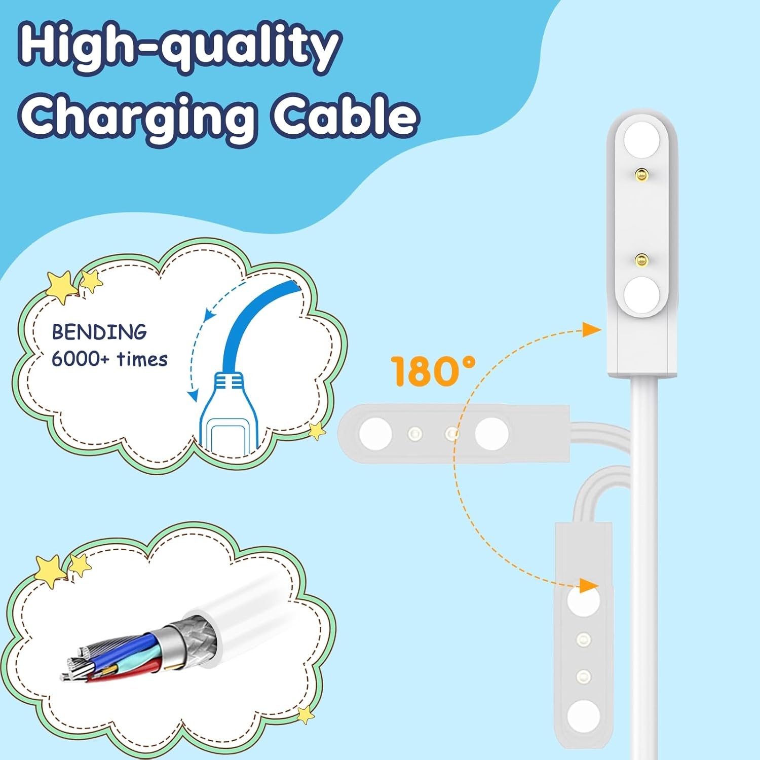2 Pack Bark Watch Charger Magnetic USB Charging Cable Durable Portable (Black+Wh