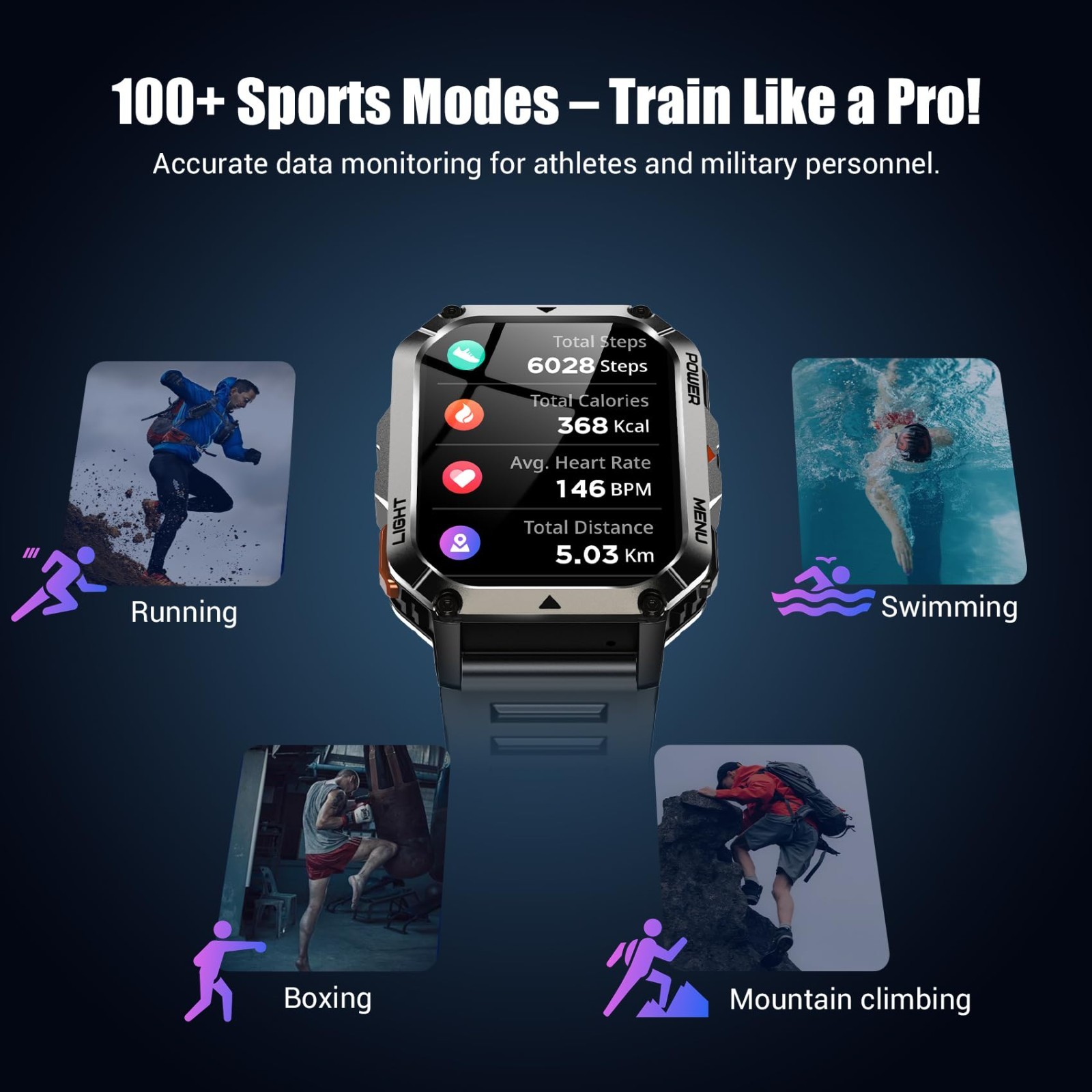 Rugged Military Tactical Smart Watch for Men, 100-Day Battery, Compass, Flashlig