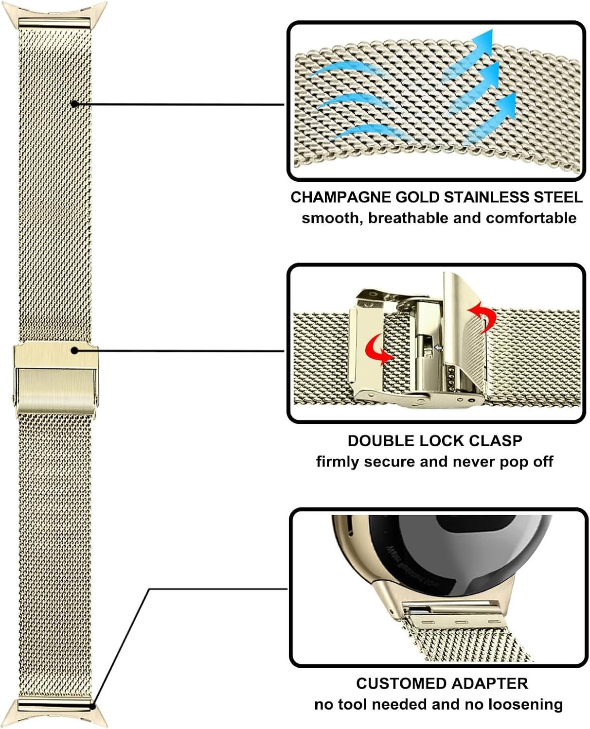 2 Pack Champagne Gold Stainless Steel Mesh Bands for Google Pixel Watch 41mm