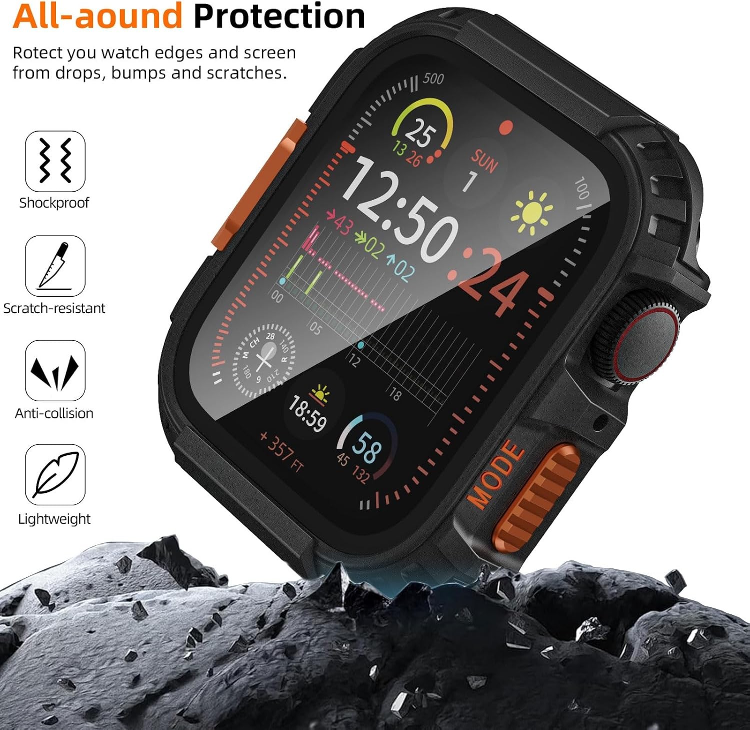 Durable Black Waterproof Case for 46mm Apple Watch Series 10 11 with Glass Prote