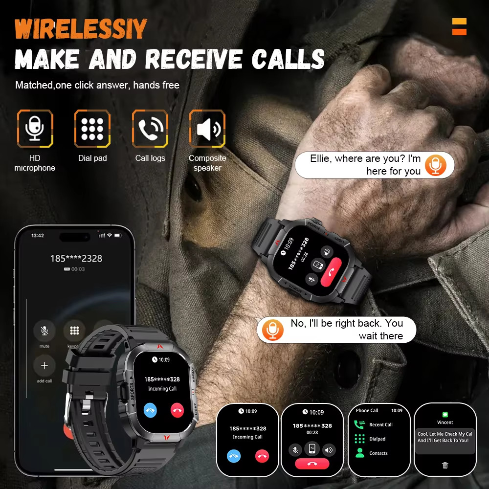 Smart Watch 2.01″ Display Men Sports LED Flashlight BT Call Health Monitor IP68