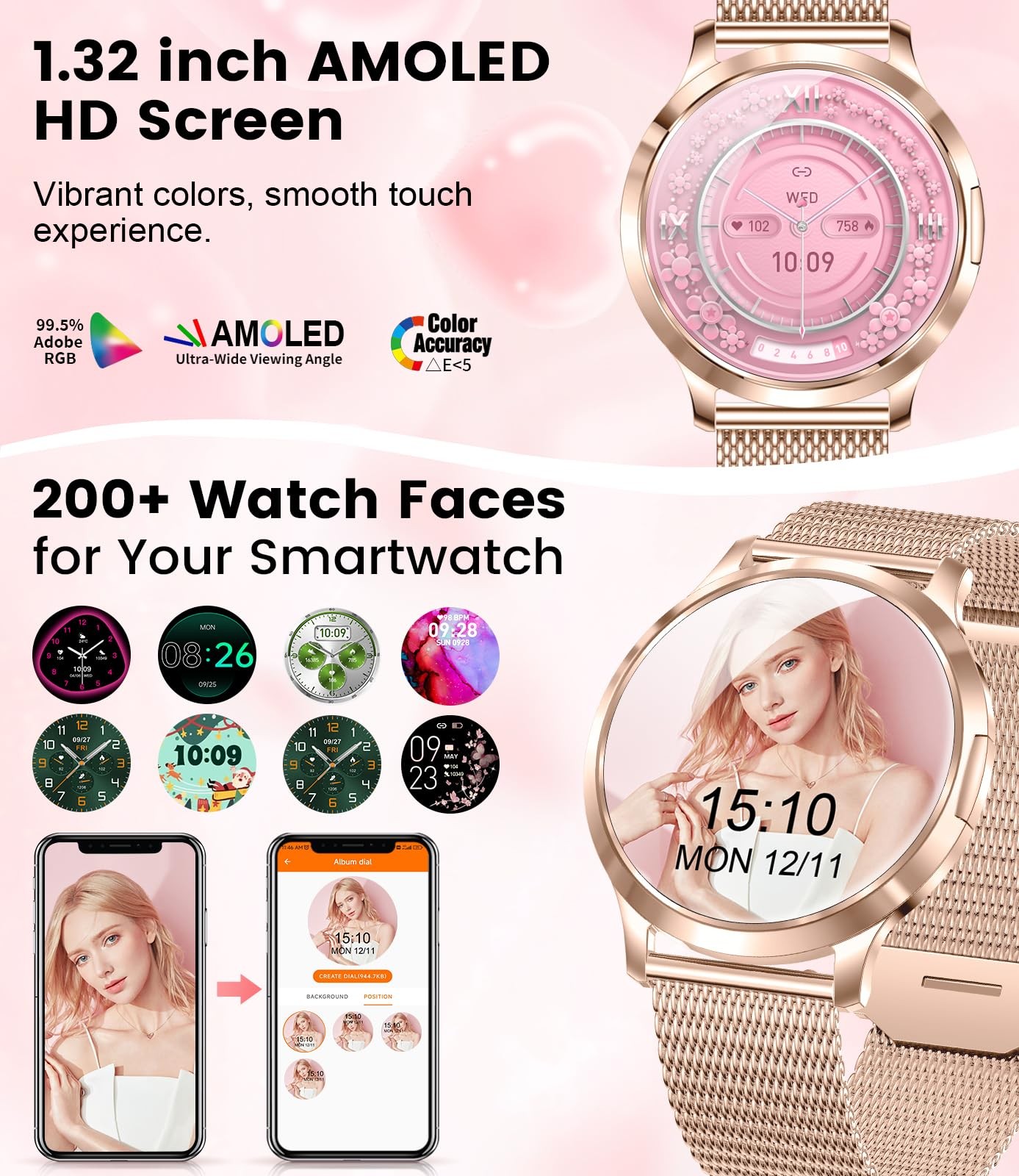 SUNKTA FV16 Thin Smart Watch for Women(Dial/Answer Call), 1.32″ AMOLED HD Dis…