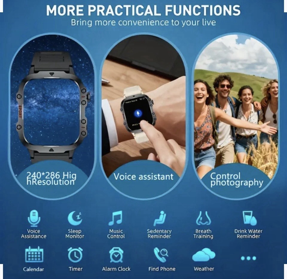 Touchscreen Bluetooth Call Smart Watch + Flashlight, Black Silicone Band