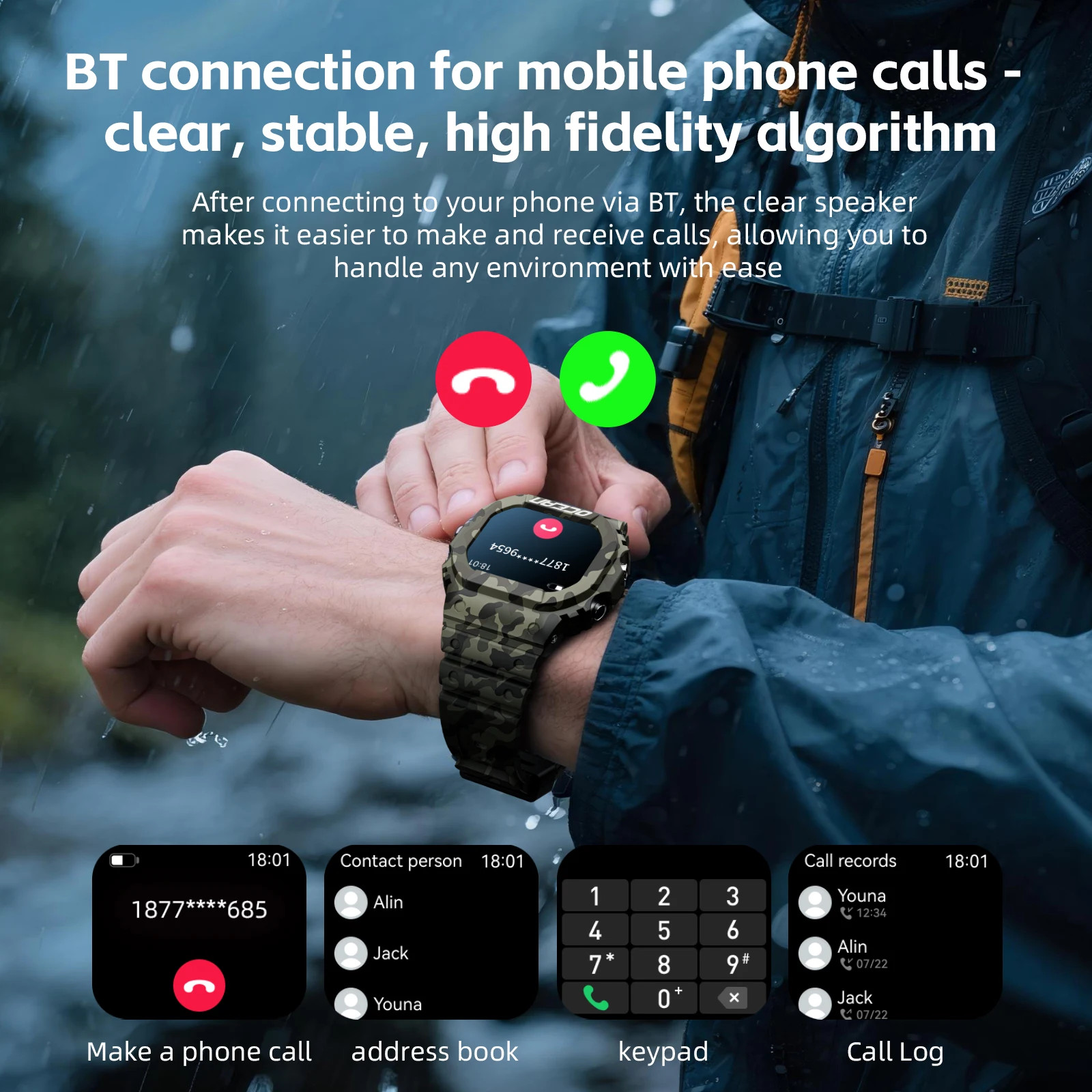 Military Rugged Smart Watch (Answer/Make Call) Outdoor Compass Fitness Tracker