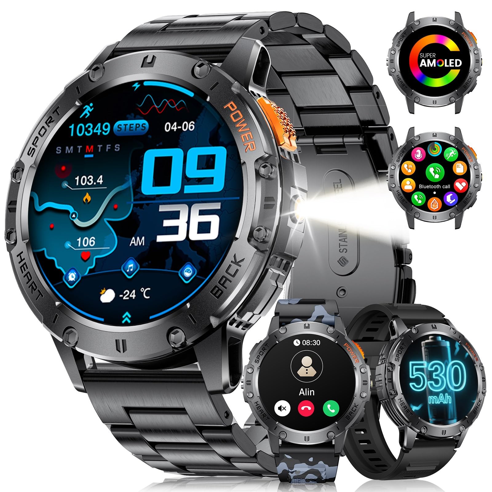 LIGE 1.43″ Case, Fits 5.5″ – 9.5″ Wrists, Black Steel Camouflage Silicone