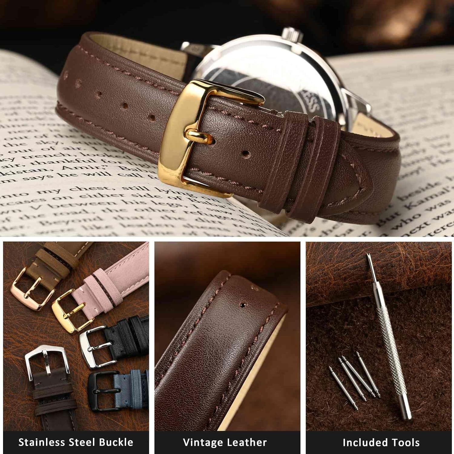 Case For 18mm Leather Watch Band for Men and Women, Gold Buckle, Dark Brown
