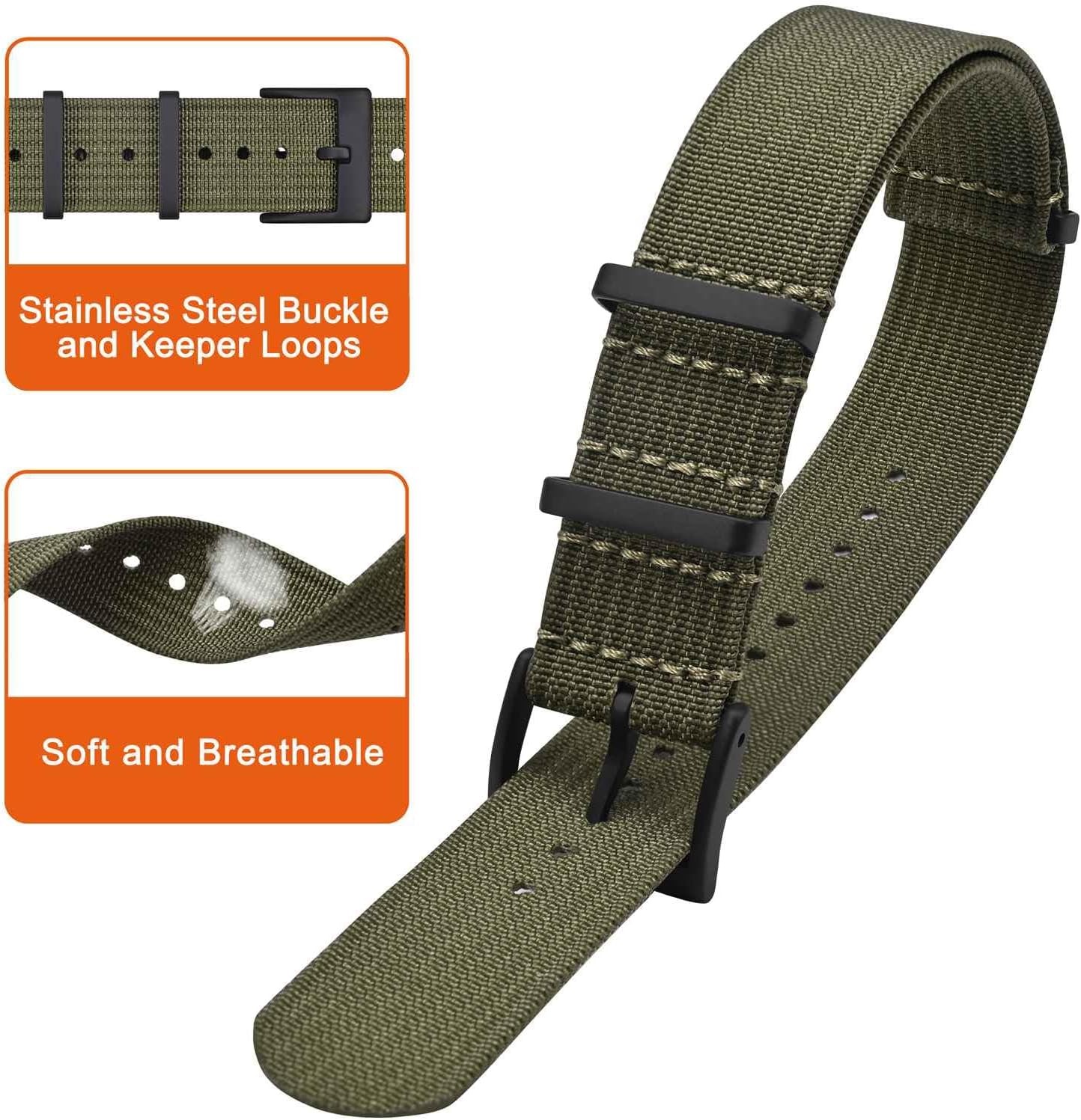 Nylon Watch Band 16mm 18mm 20mm 22mm, One-Piece Waterproof Military Straps