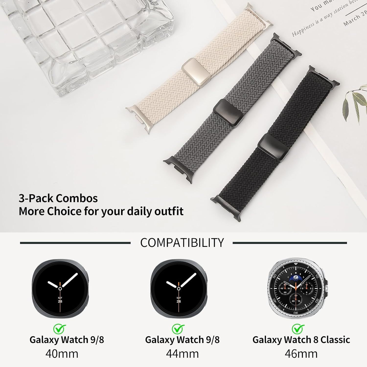 3-Pack Magnetic Braided Bands for Samsung Galaxy Watch 8 40mm 44mm, Sport Straps