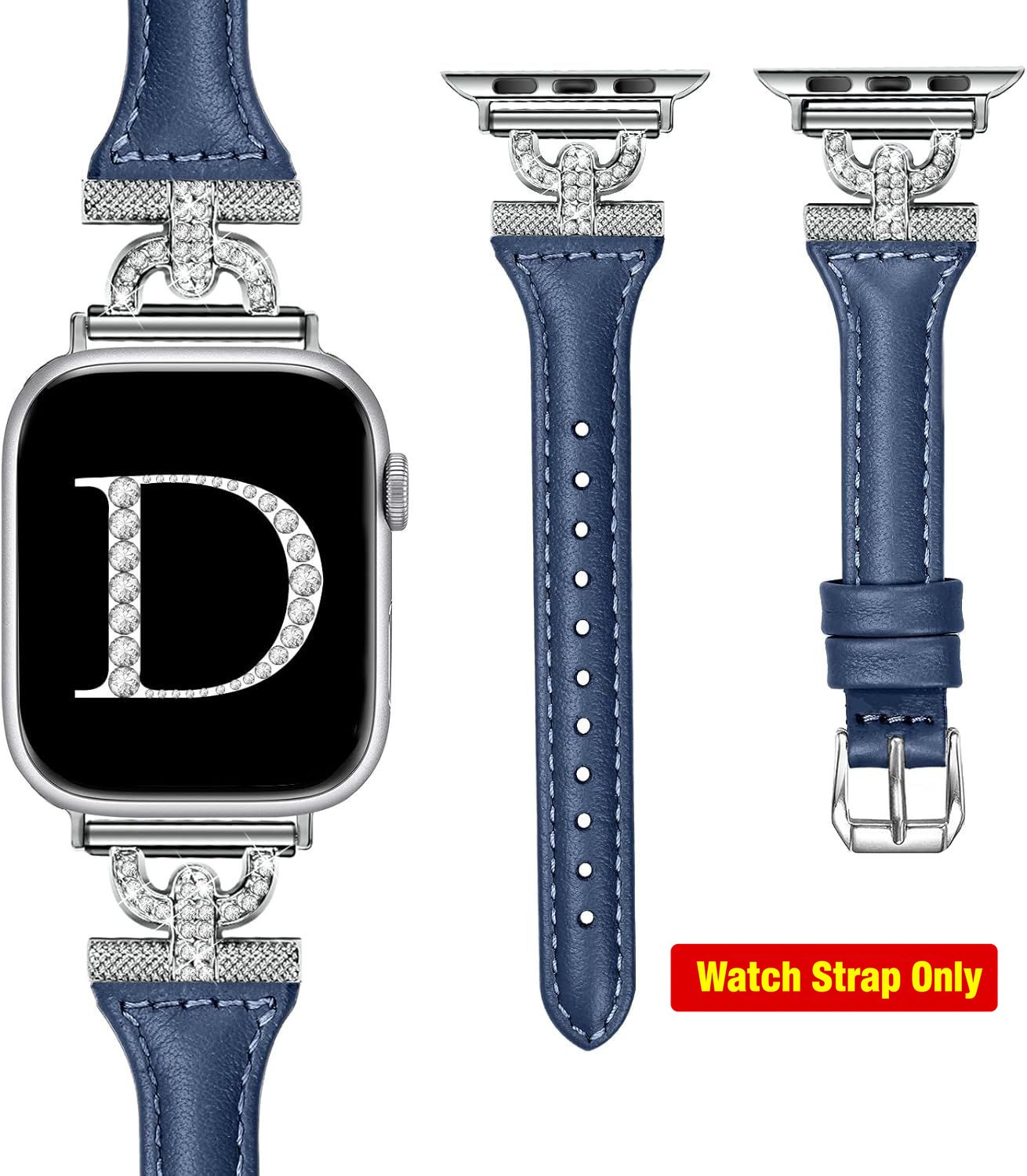 Navy Blue Slim Leather Band for Apple Watch Series 10 41mm with D-Shape Diamonds