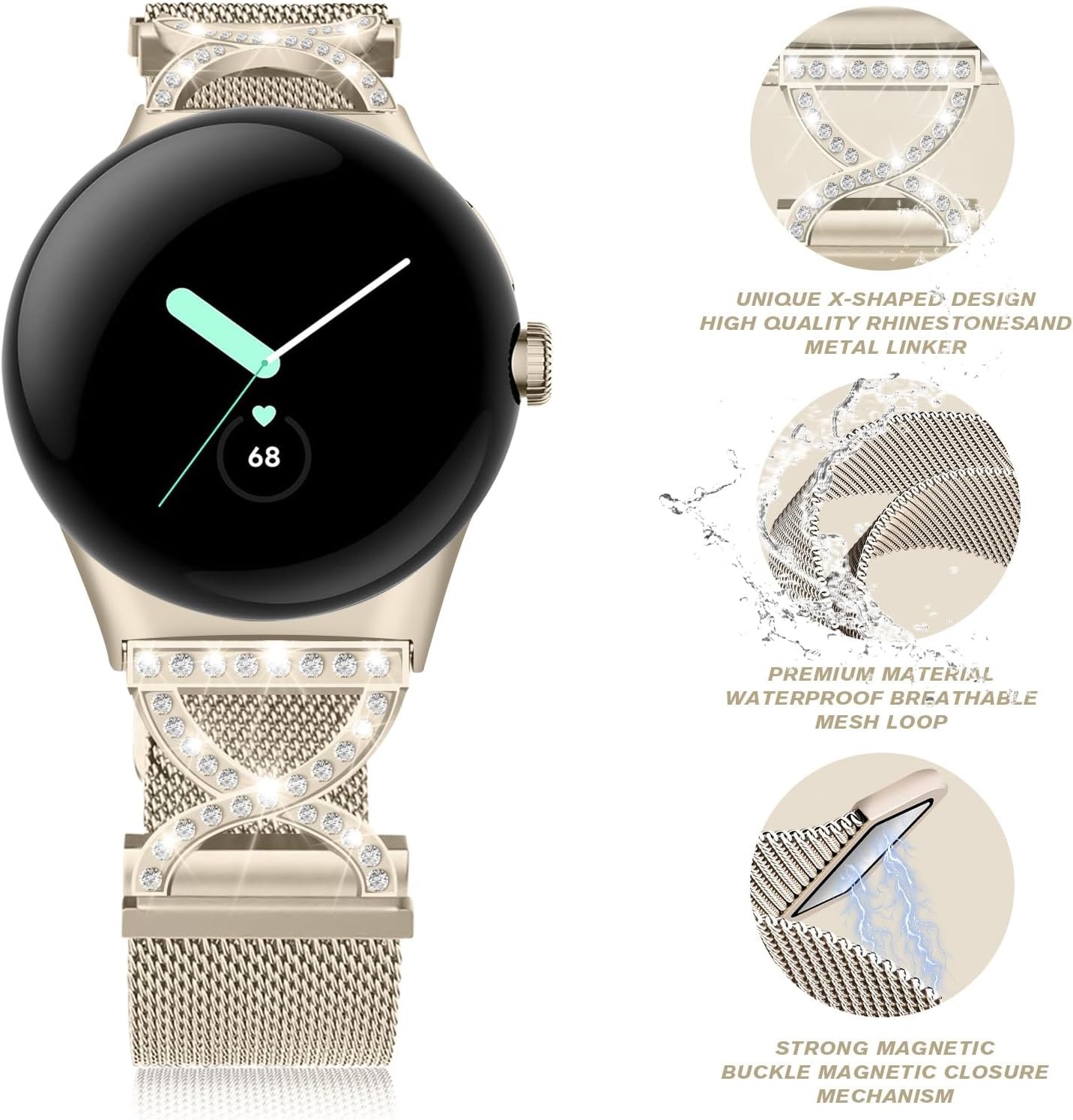 Champagne Gold Magnetic Metal Band for Google Pixel Watch 41mm Dressy Mesh Loop