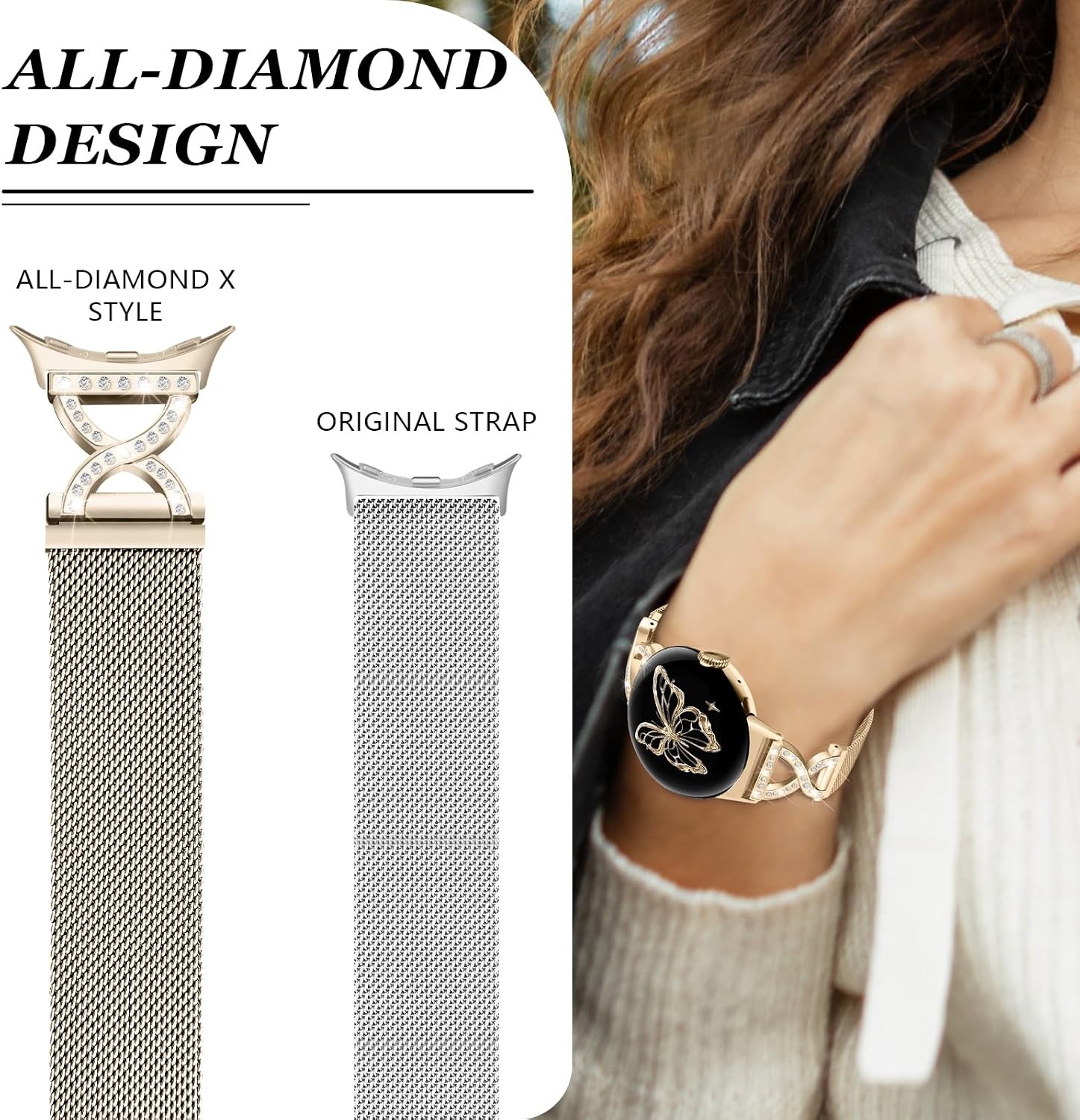 Champagne Gold Magnetic Metal Band for Google Pixel Watch 41mm Dressy Mesh Loop