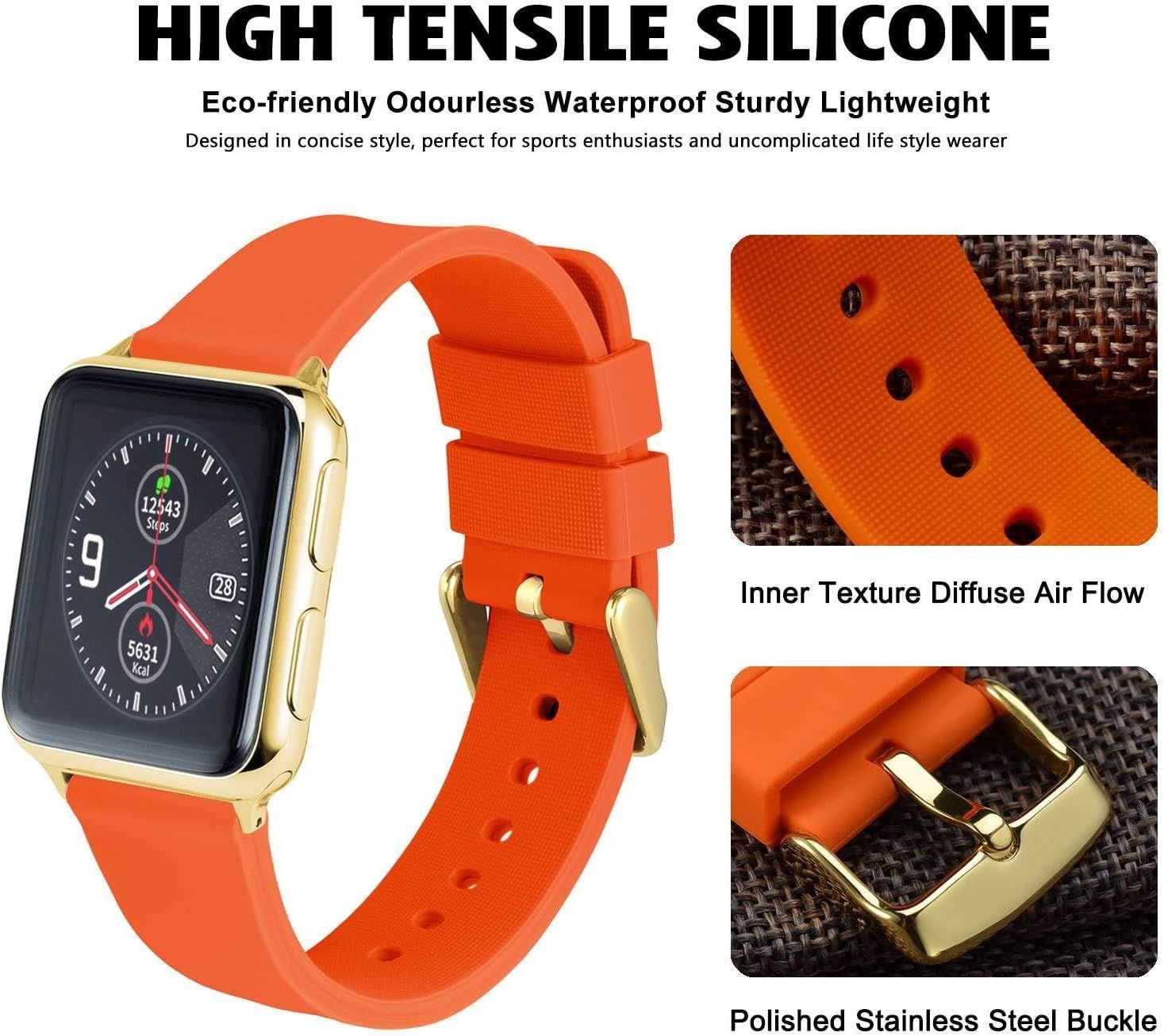 Strap For 18mm, Silicone, Soft Rubber Replacement Straps with Gold Buckle