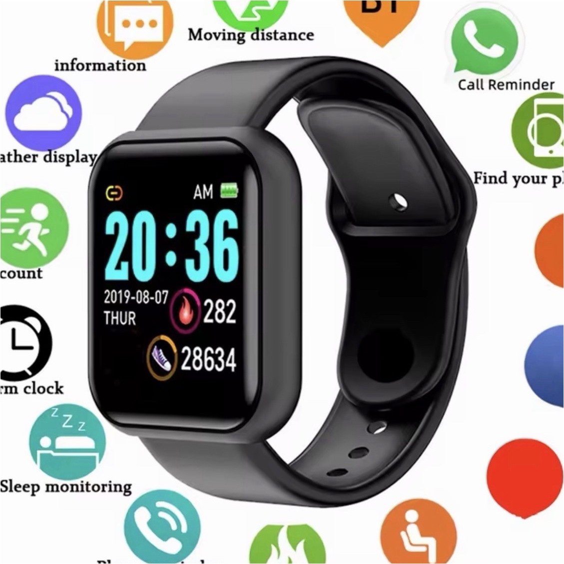 Smart Bracelet 44mm Black Silicone Band Plastic Case Fitness Tracker Bluetooth