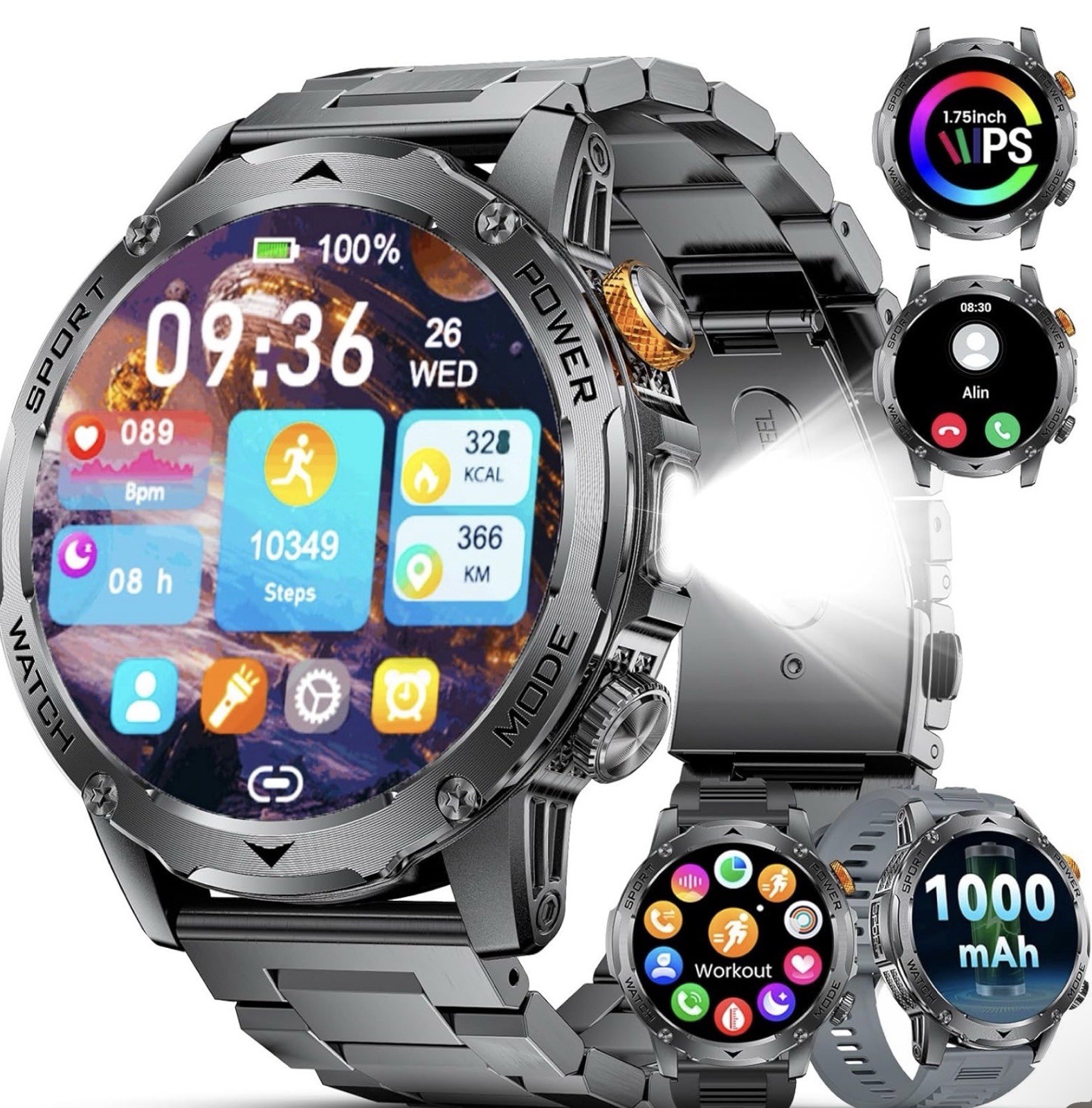 Military Smart Watches for Men(3 Bands),1000mAh/1.75″ HD Large Screen Smartwatch