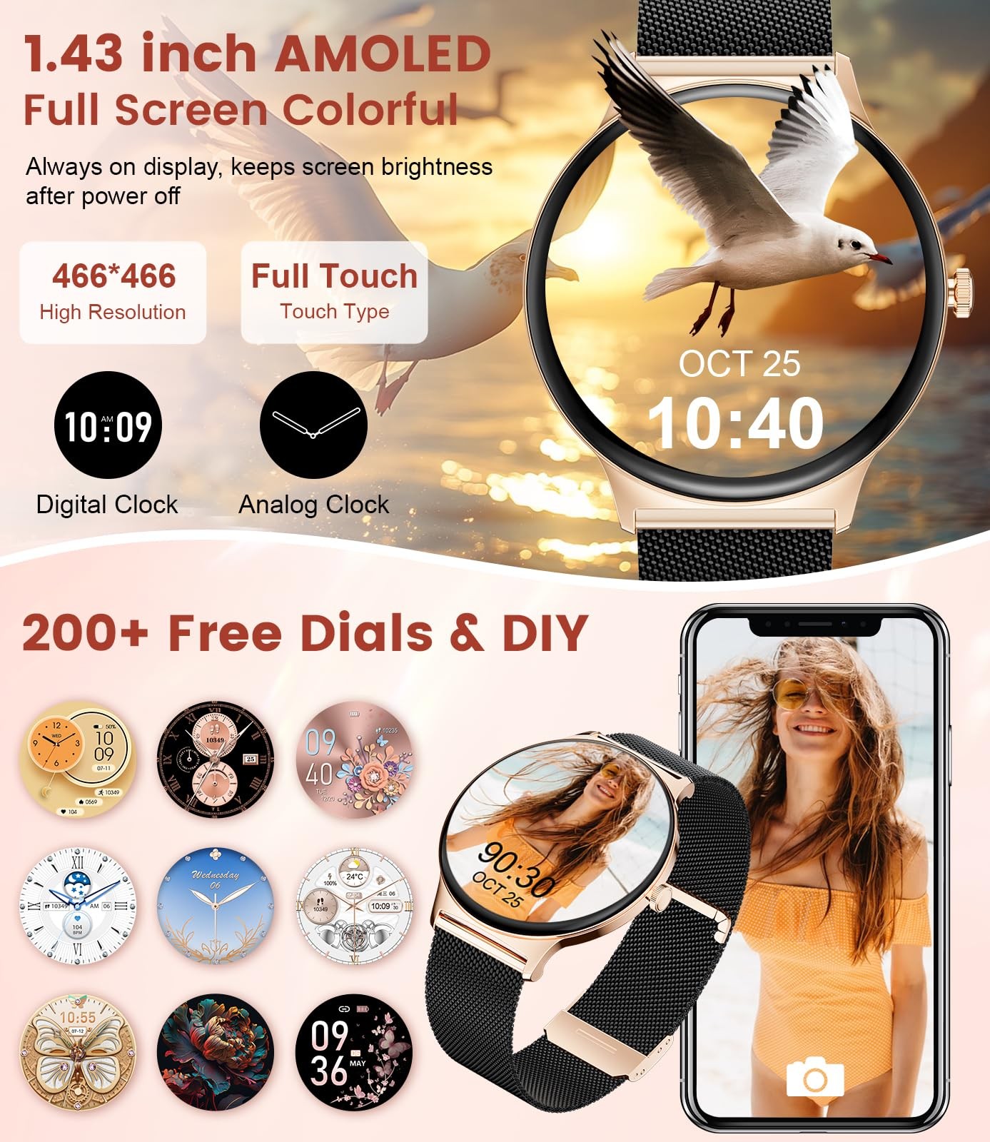LIGE Smart Watches for Women with Adult male standard, Gold & Black