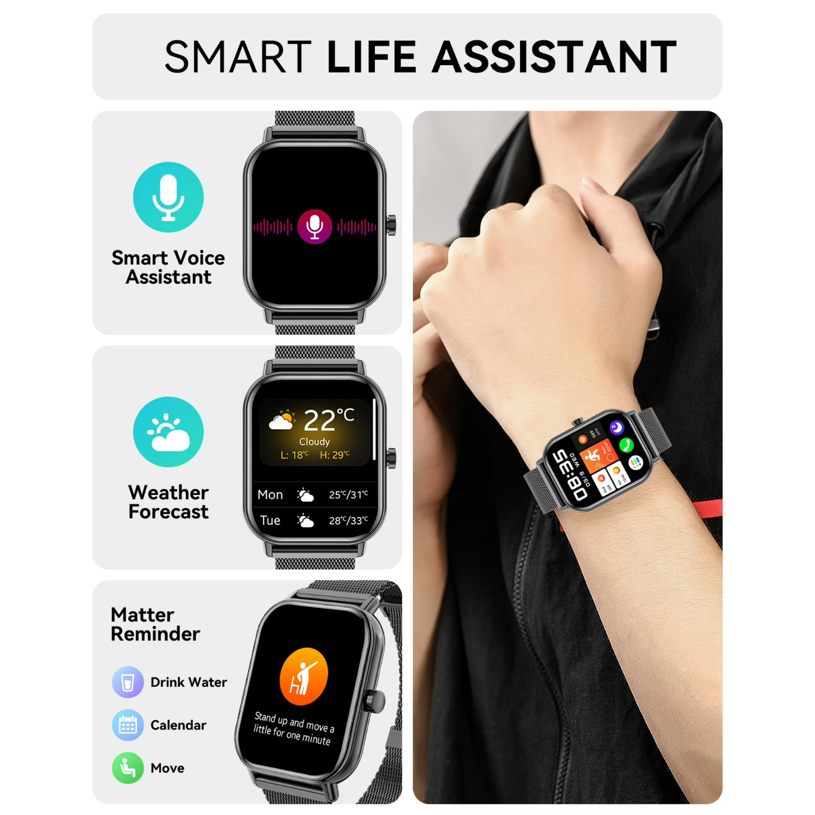 Mingdaln Smart Watch fits for Android and Iphone IP68 Waterproof 2 Watch Straps