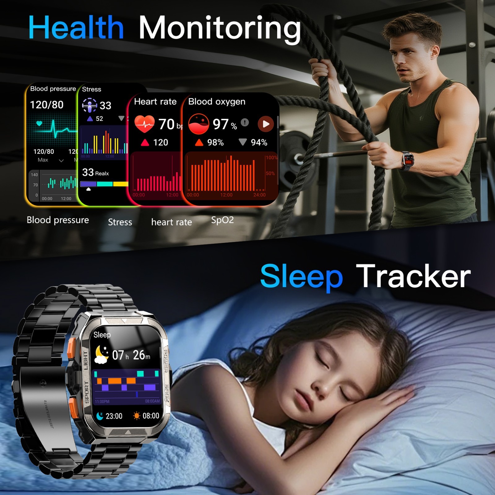Military Smart Watch For Men Fitness Tracker With GPS LED Flashlight Wristwatch