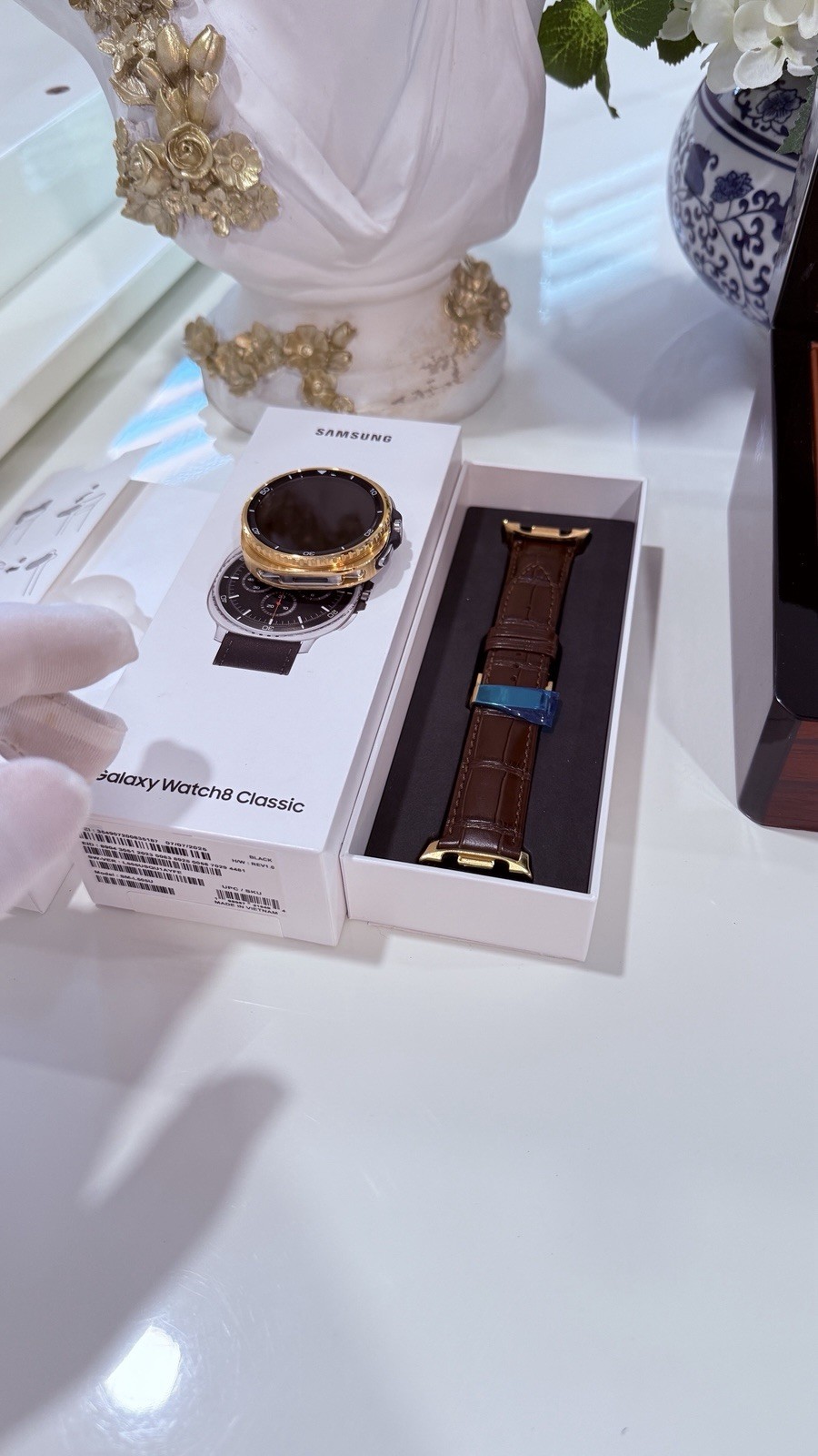 Custom 24k Gold Plated Samsung Galaxy Watch 8 Classic Brown Band GPS LTE