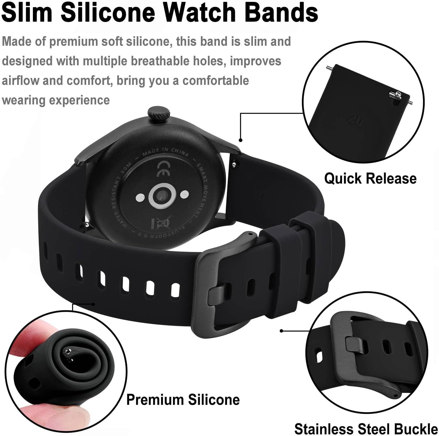 Black 20mm Silicone Watch Band for Slim Watches, Quick Release, Black Buckle
