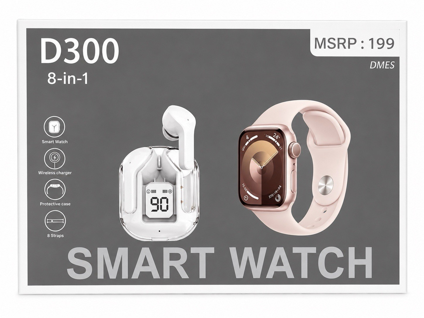 D300 8-in-1 Smart Watch Android/iOS Compatible Wireless Charging Pink Silicone