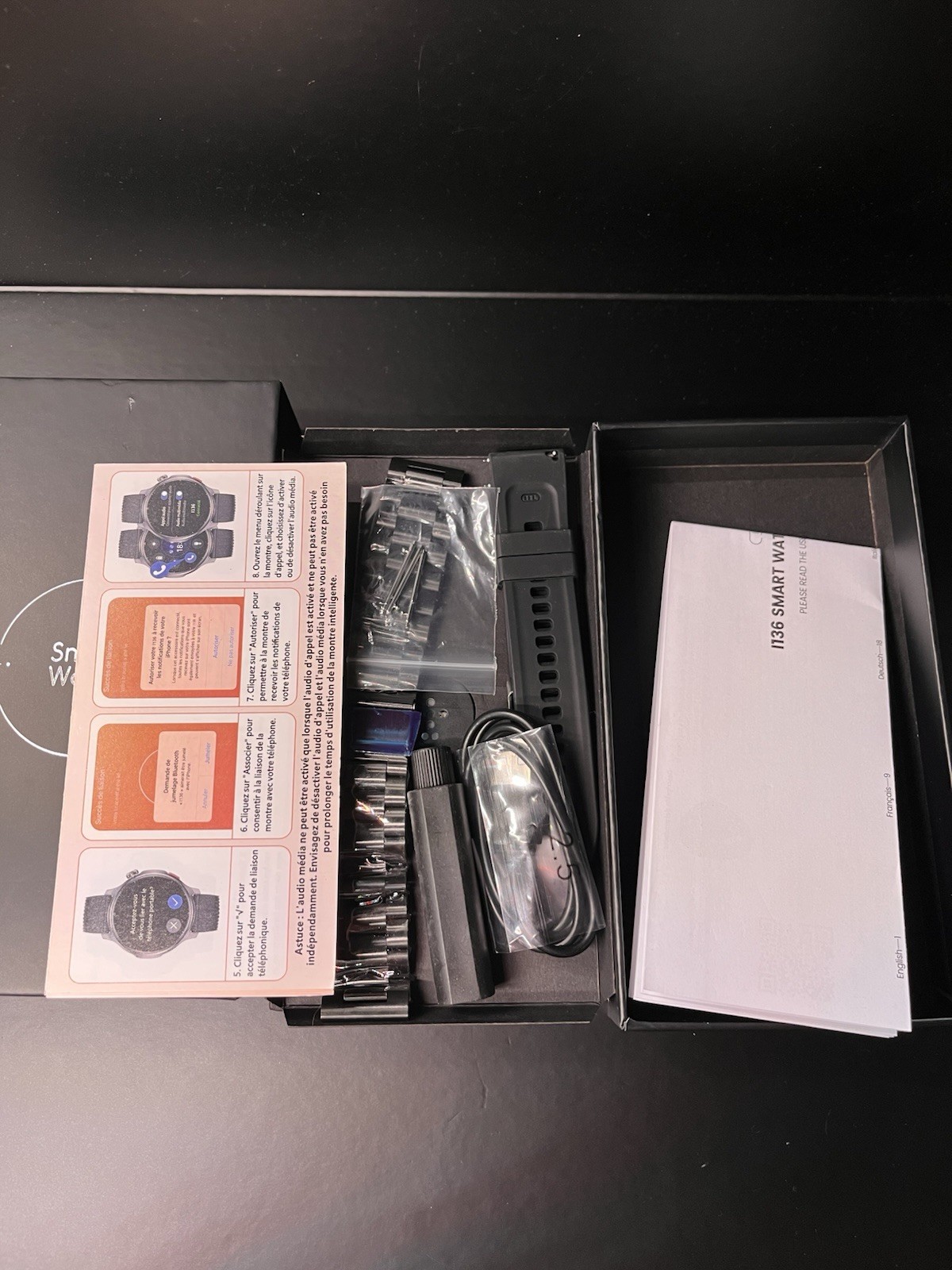 I136 Smart Watch Sports Model Black w/ Metal & Silicone Bands Box Accessories