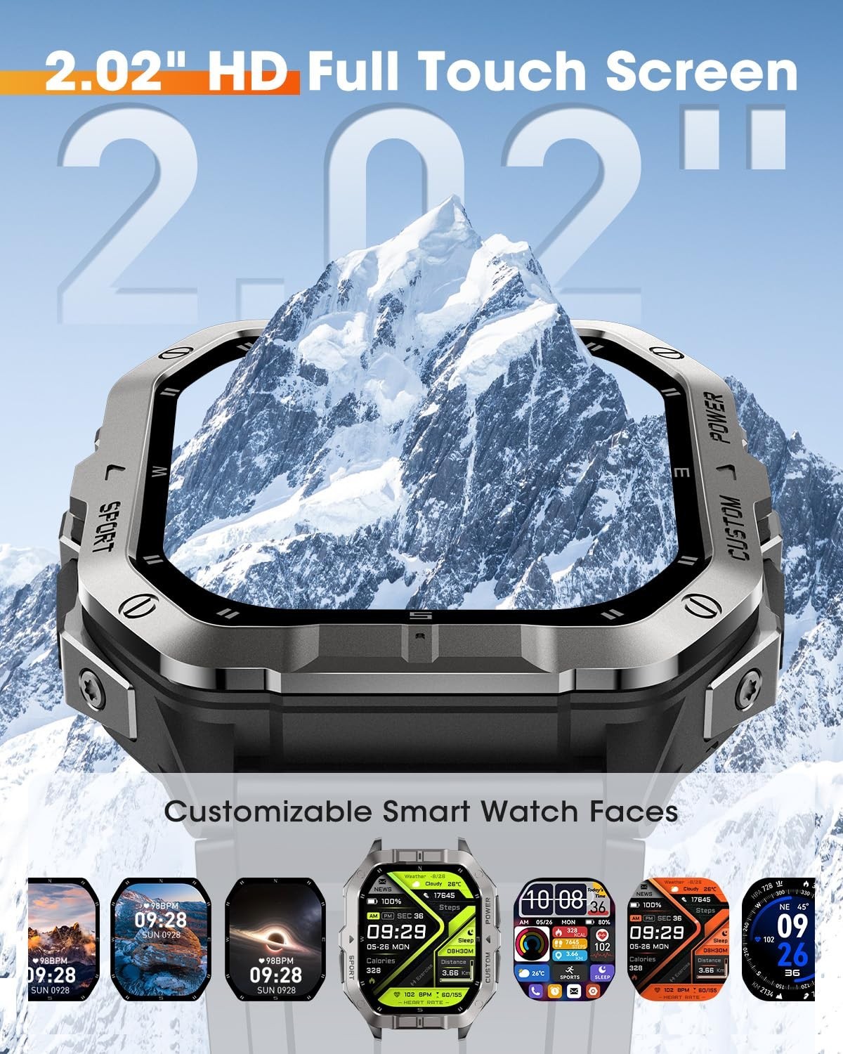 Military Smart Watch for Men – GPS, Heart Rate Monitor, 100+ Sport Modes, Waterp
