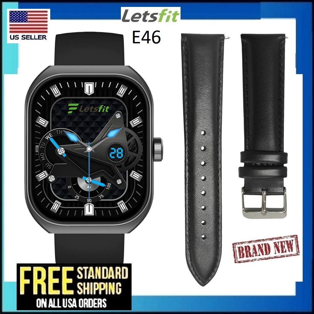 Letsfit E46 Smart Watch Black Bezel w/ 2 BLACK Bands Fitness Tracker Bluetooth