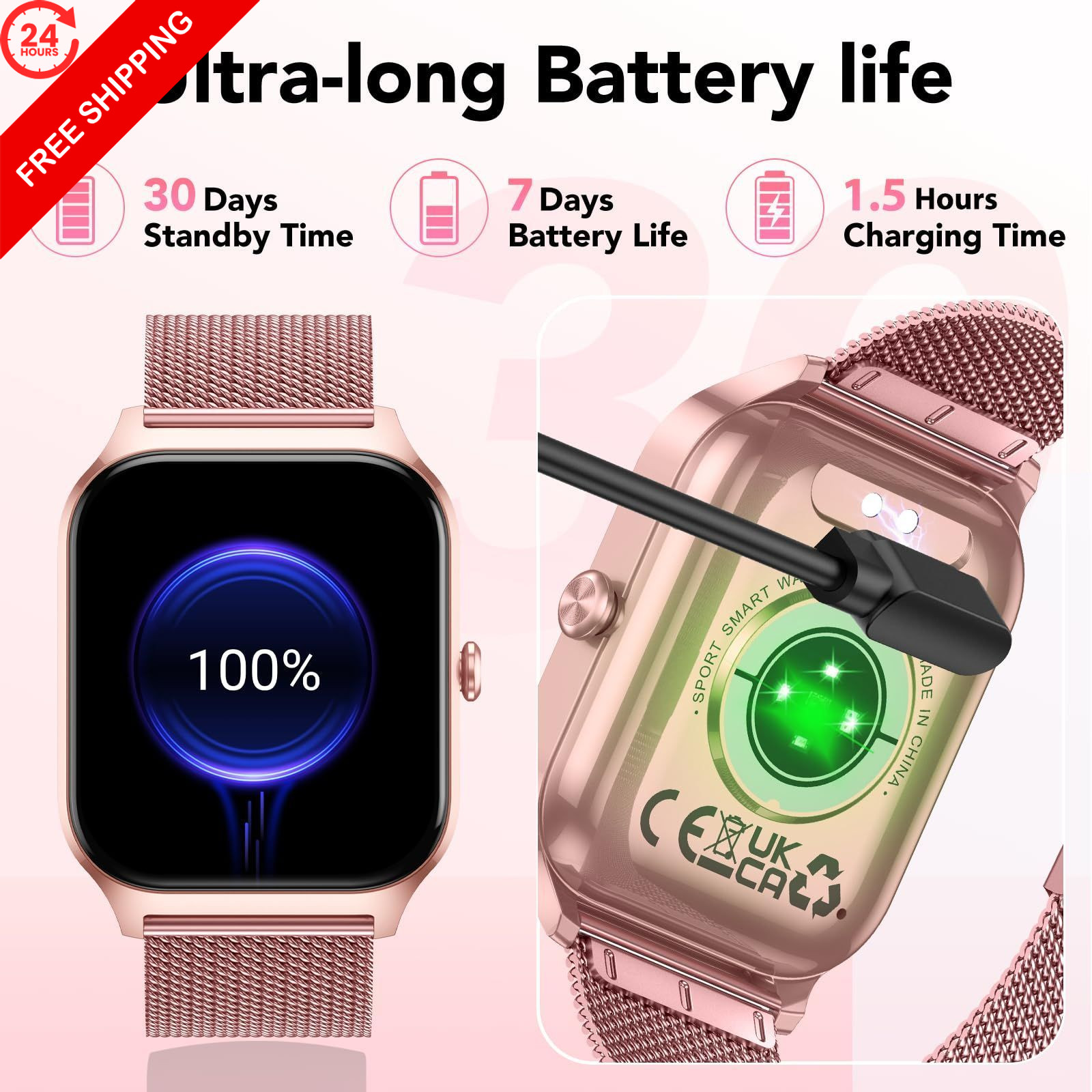 CASCHO Smart Watch for Women (2 Bands), Bluetooth Call No, Rose Gold