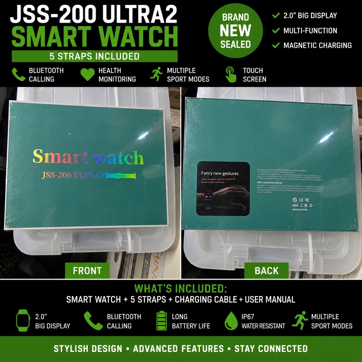JSS-200 ULTRA2 Smart Watch 2.0″ Touchscreen Bluetooth Calling 5 Straps Black