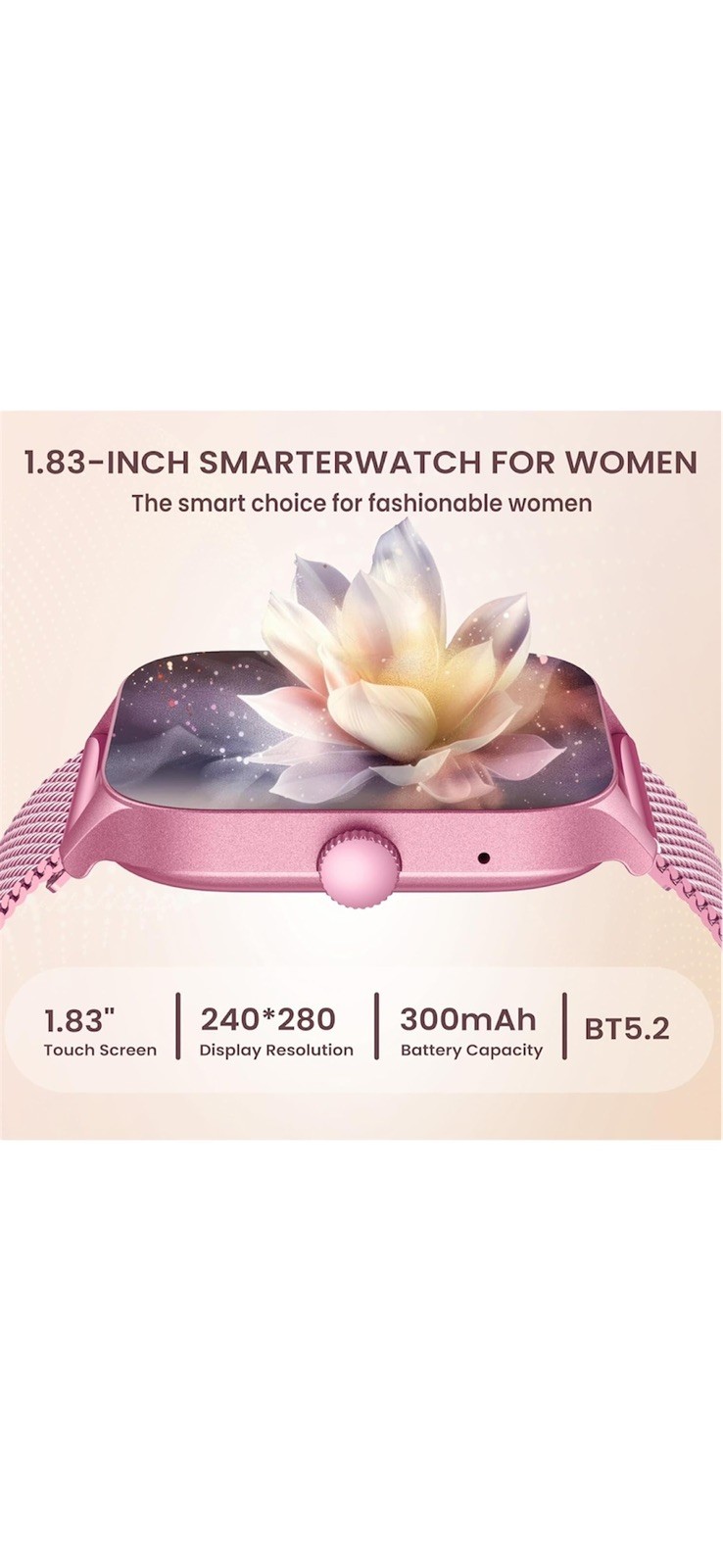Pink Smartwatch for Women Android iOS Phones 1.83″ Touch Screen Call & Fitness