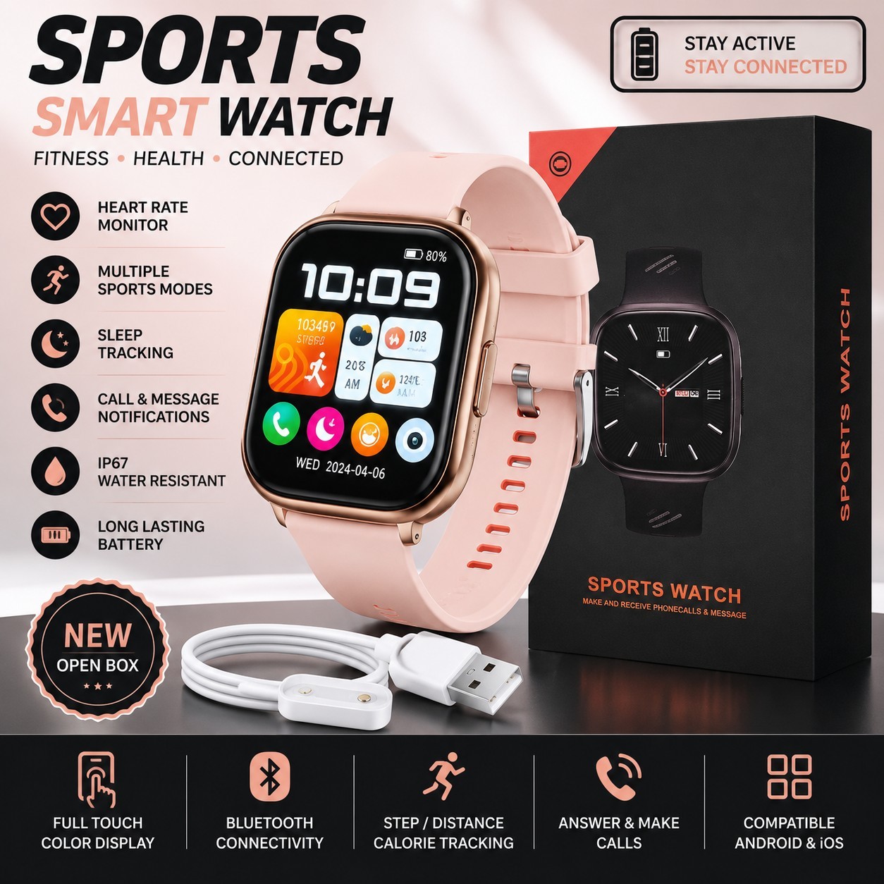 Sports Smart Watch Pink Bluetooth Fitness Tracker Heart Rate Android iPhone