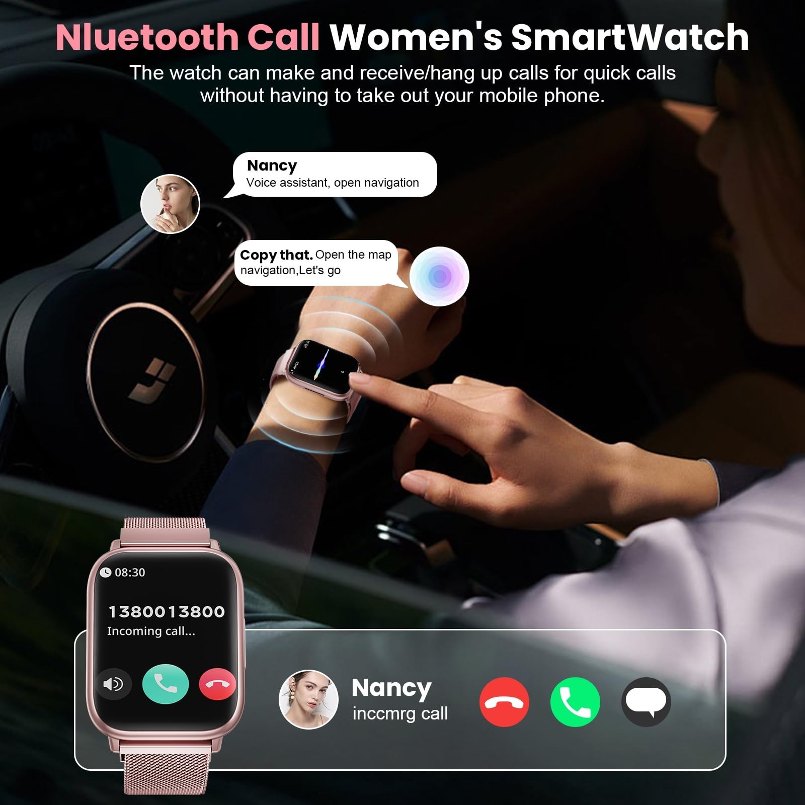 Loekneue Smartwatch Women 1.83″ Pink Gold Fitness Call Message Heart Rate G93