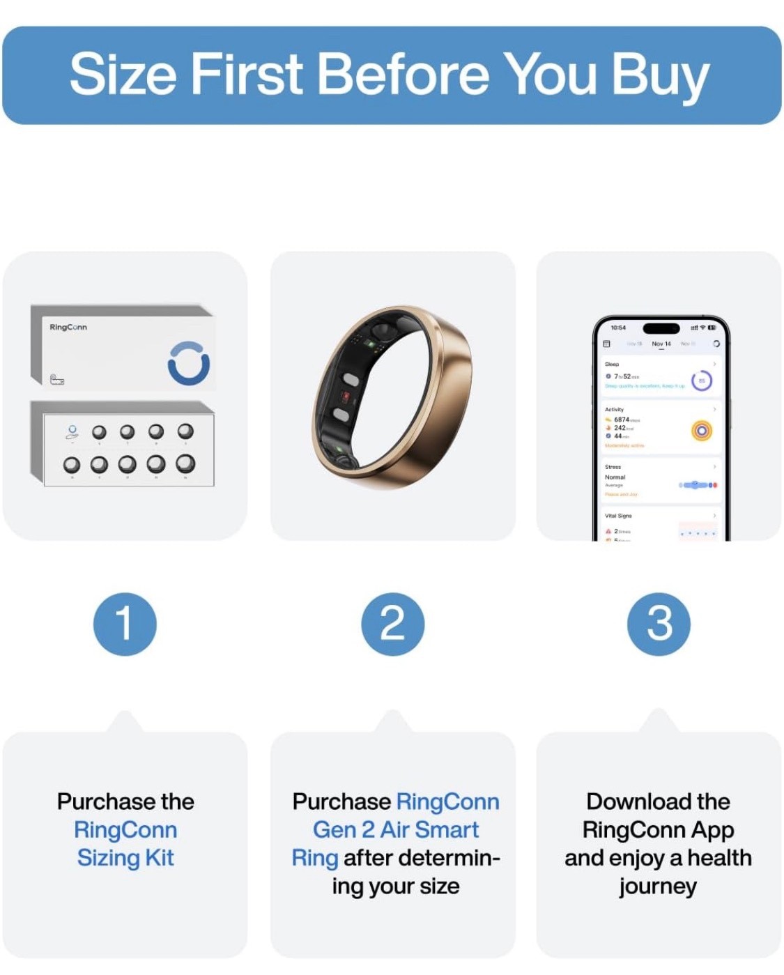 GOLD RingConn Gen 2 Air Ultra-Thin Smart Ring Health Tracking Size 7 Heart Rate
