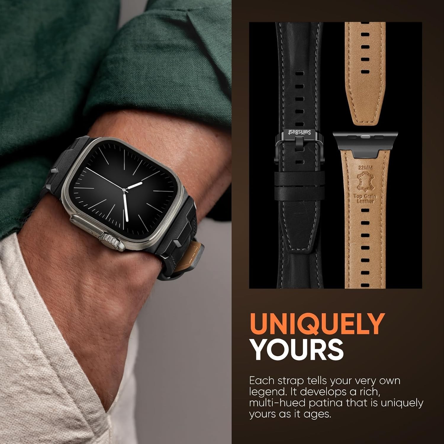Genuine Leather Band for Apple Watch Ultra 49mm, 44mm, 46mm, 45mm, 42mm, 41mm