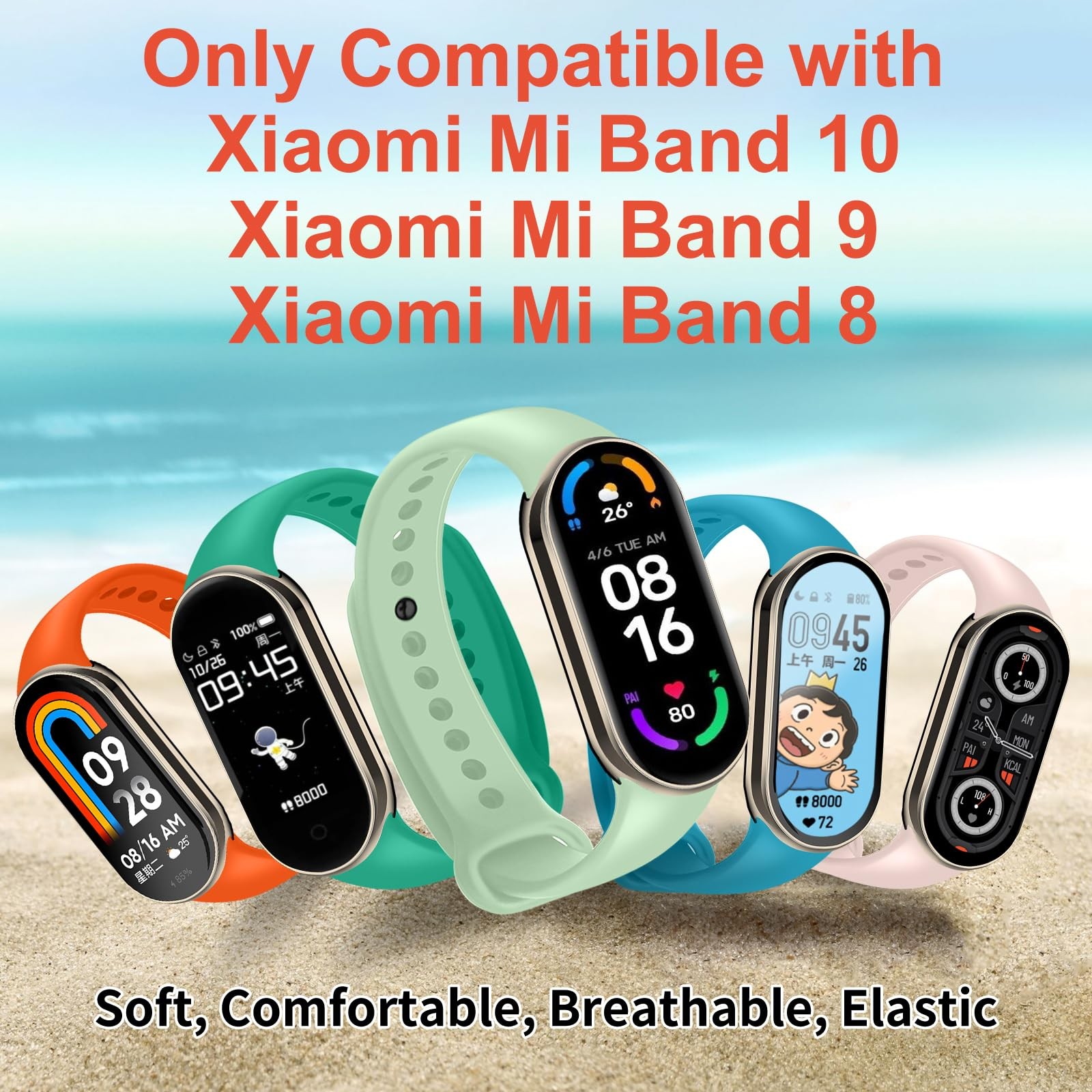 8-Pack Mi Band 10/9/8 Strap, Soft TPU Replacement Watch Bands with Secure