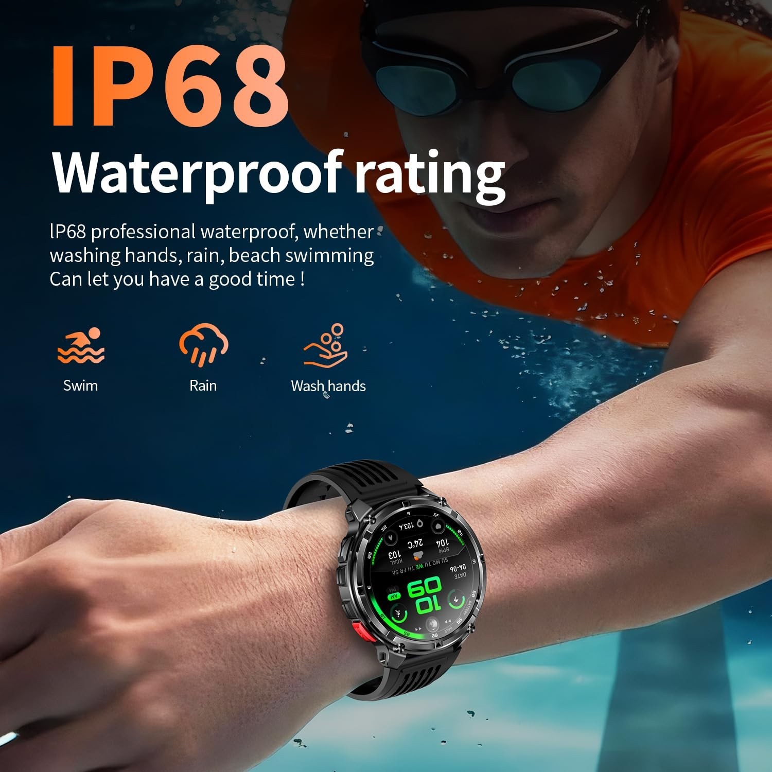 Men’s Military Smart Watch – Fitness Tracker, Waterproof, 100+ Sports Modes, Hea